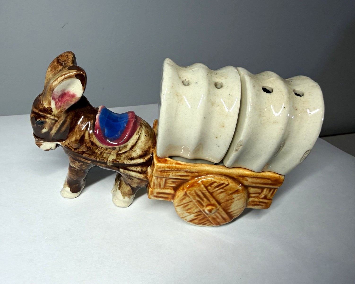 Vintage Japan stamped ceramic donkey & covered wagon S & P set 3 pieces 2.7 “