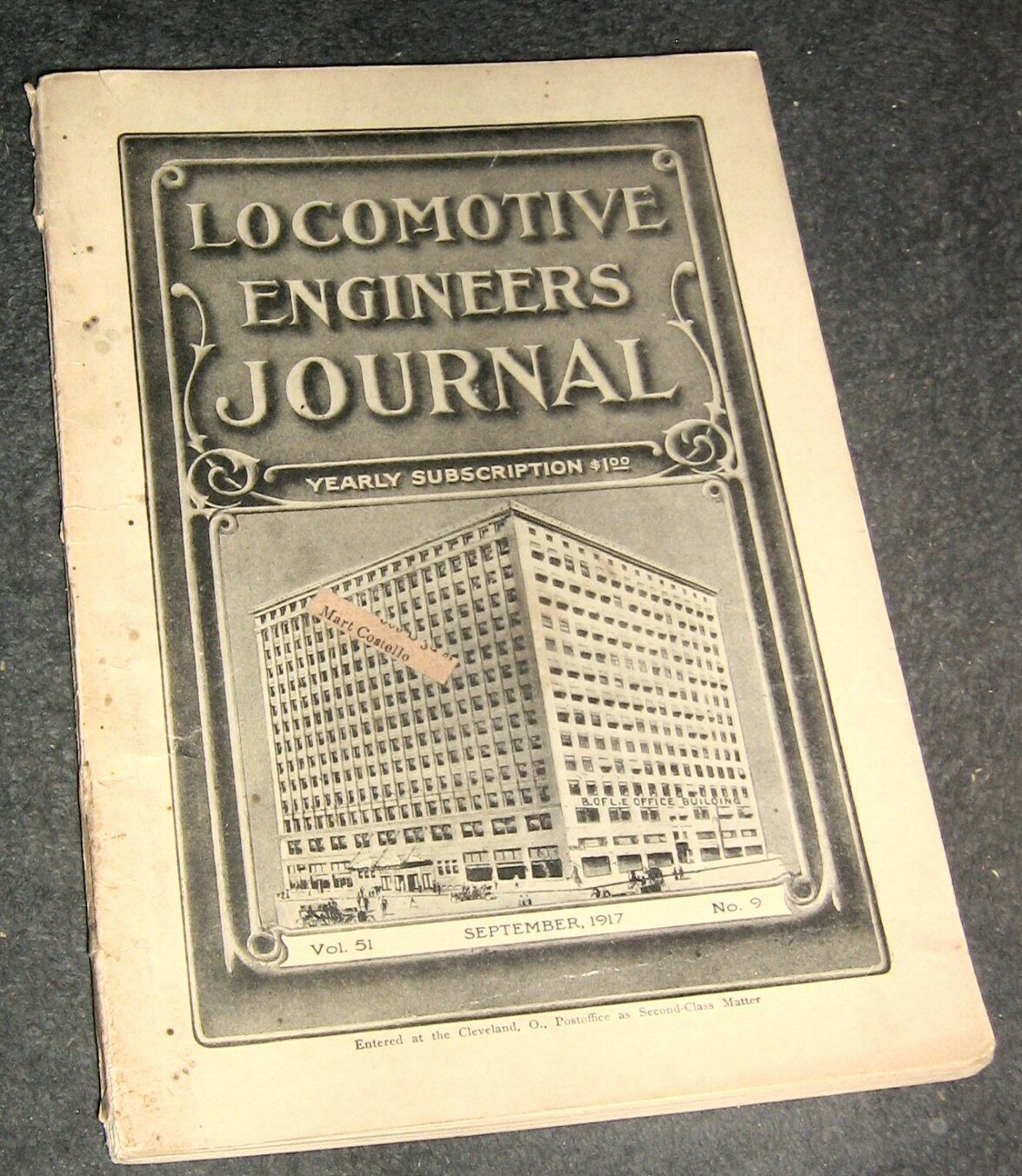 Antique September,1917, LOCOMOTIVE ENGINEERS JOURNAL, Brotherhood,Union,WW1