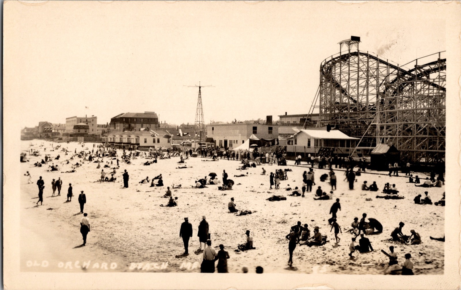 Old Orchard Beach ME Crowded Beach Roller Coaster Amusement Park RPPC Postcard