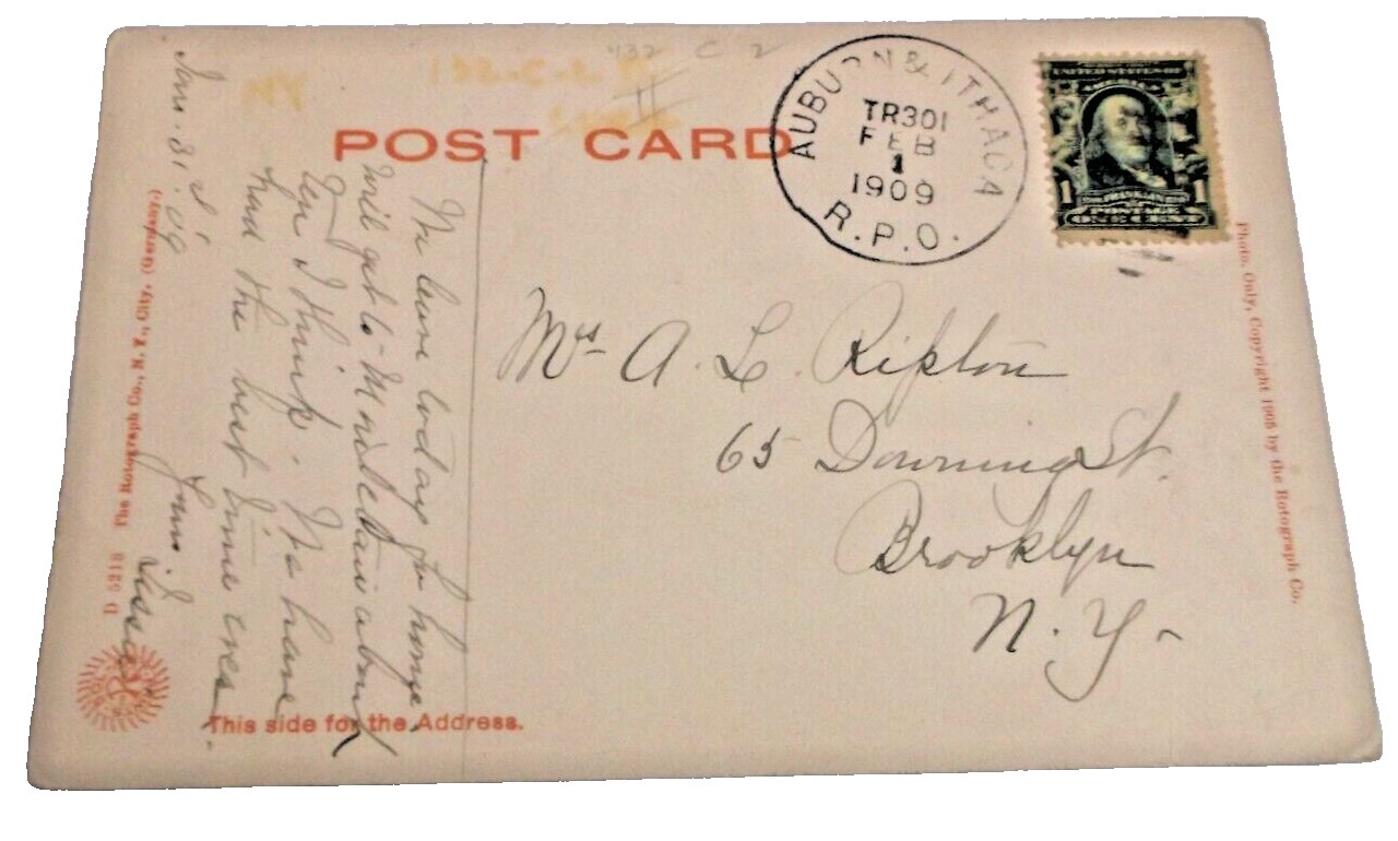 FEBRUARY 1909 LEHIGH VALLEY RAILROAD AUBURN & ITHACA RPO HANDLED POST CARD FEBRUARY 1909 LEHIGH VALLEY RAILROAD AUBURN & ITHACA RPO HANDLED POST CARD
