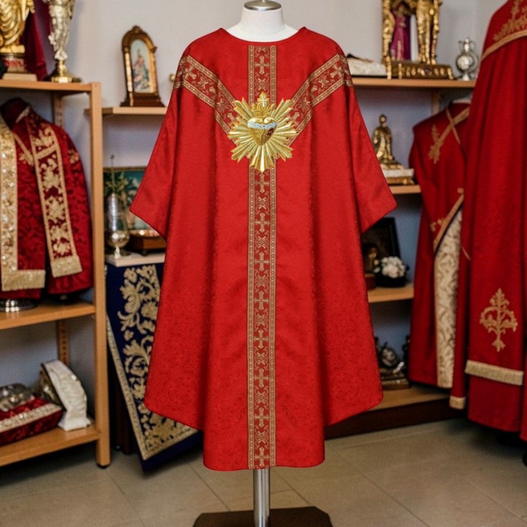 Hand-Embroidered Sacred Heart Red With Rays Chasuble in Damask & Matching Stole
