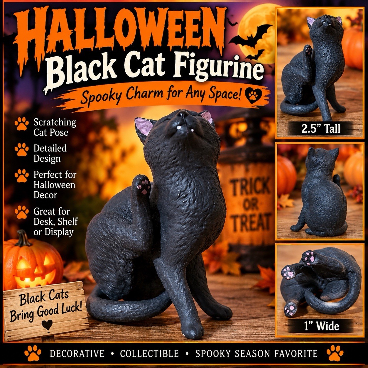 VTG Detailed Black Cat Figurine Halloween Decor Scratching Cat Statue 2.5”