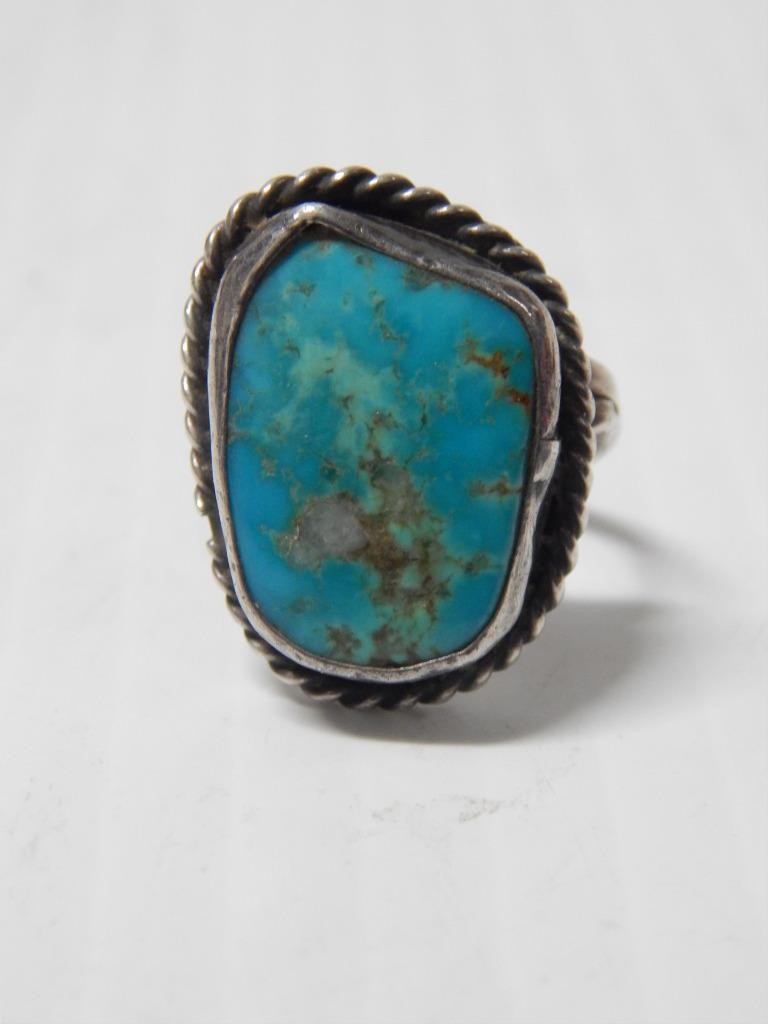 ANTIQUE / VINTAGE NAVAJO INDIAN STERLING SILVER TURQUOISE RING SZ: 7 1/4