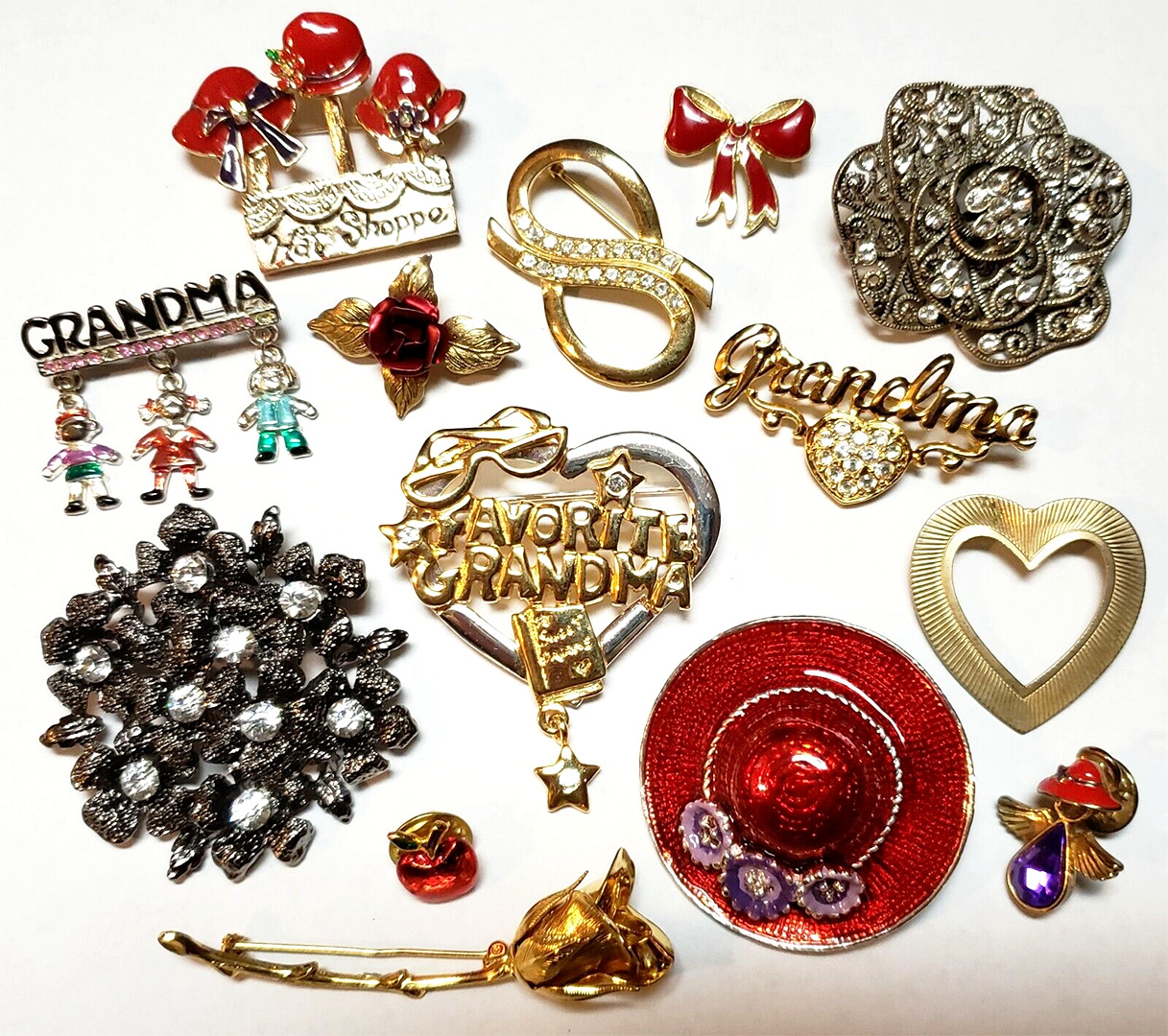 LOT of 14 Vintage BROOCHES / PINS ~ GRANDMA Enamel Red Hat ROSES Heart ANGEL Etc