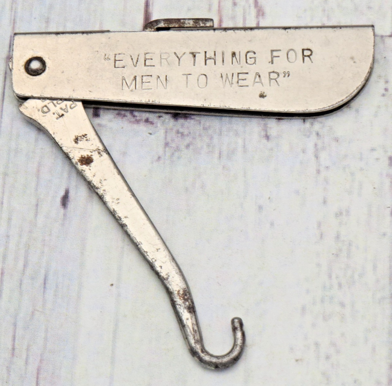 Antique Unusual Locking Folding Button Hook - Metal Handles with Advertising