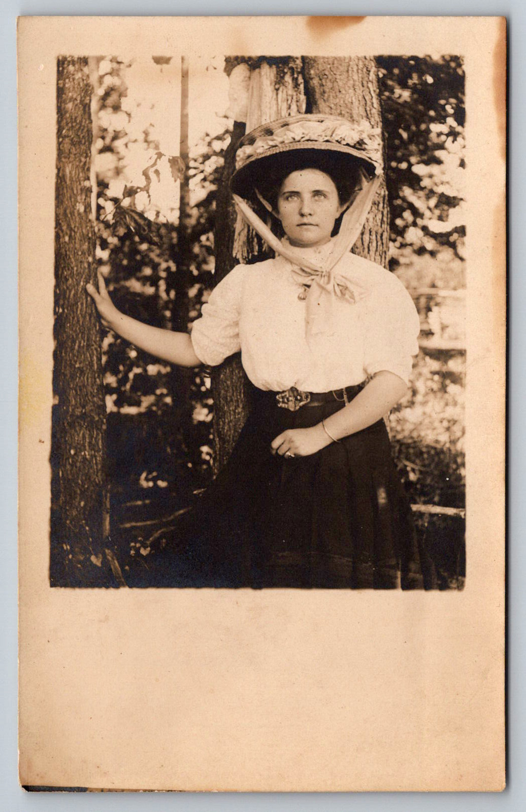 RPPC c1910s Edwardian Fashion Woman Portrait Merry Widow Straw Hat Postcard