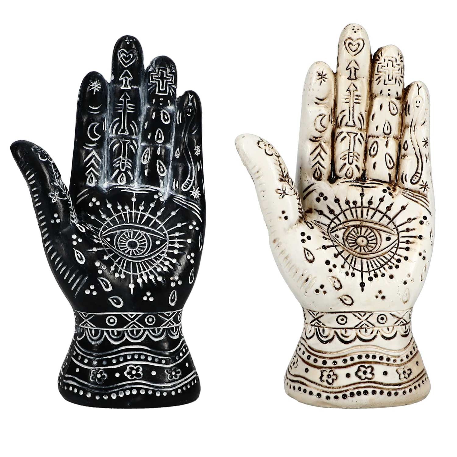 2pc Set HAMSA HAND of GOD Spiritual Figural Decor 5.25x3-in Resin-WHITE & BLACK