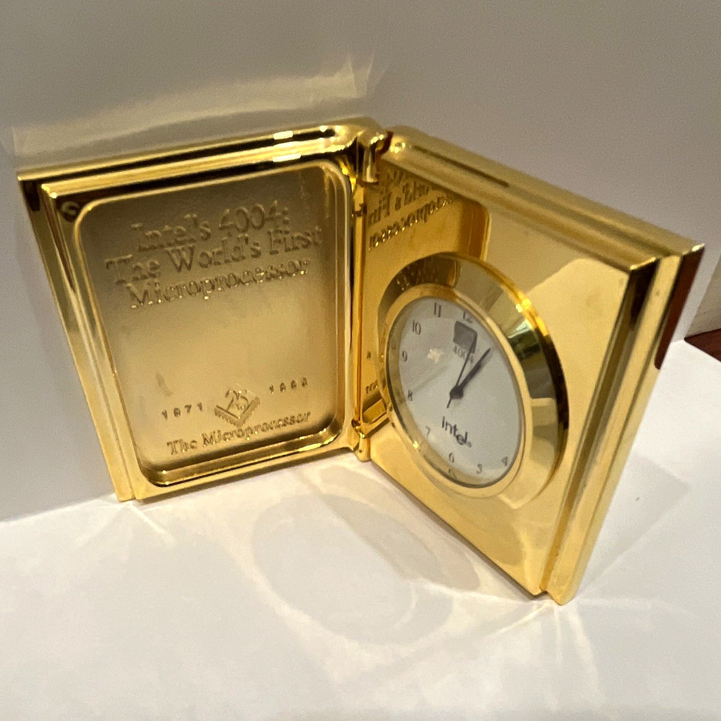 Intel 4004 Engraved Commemorative Gold Metal Folding Desk Clock Analog
