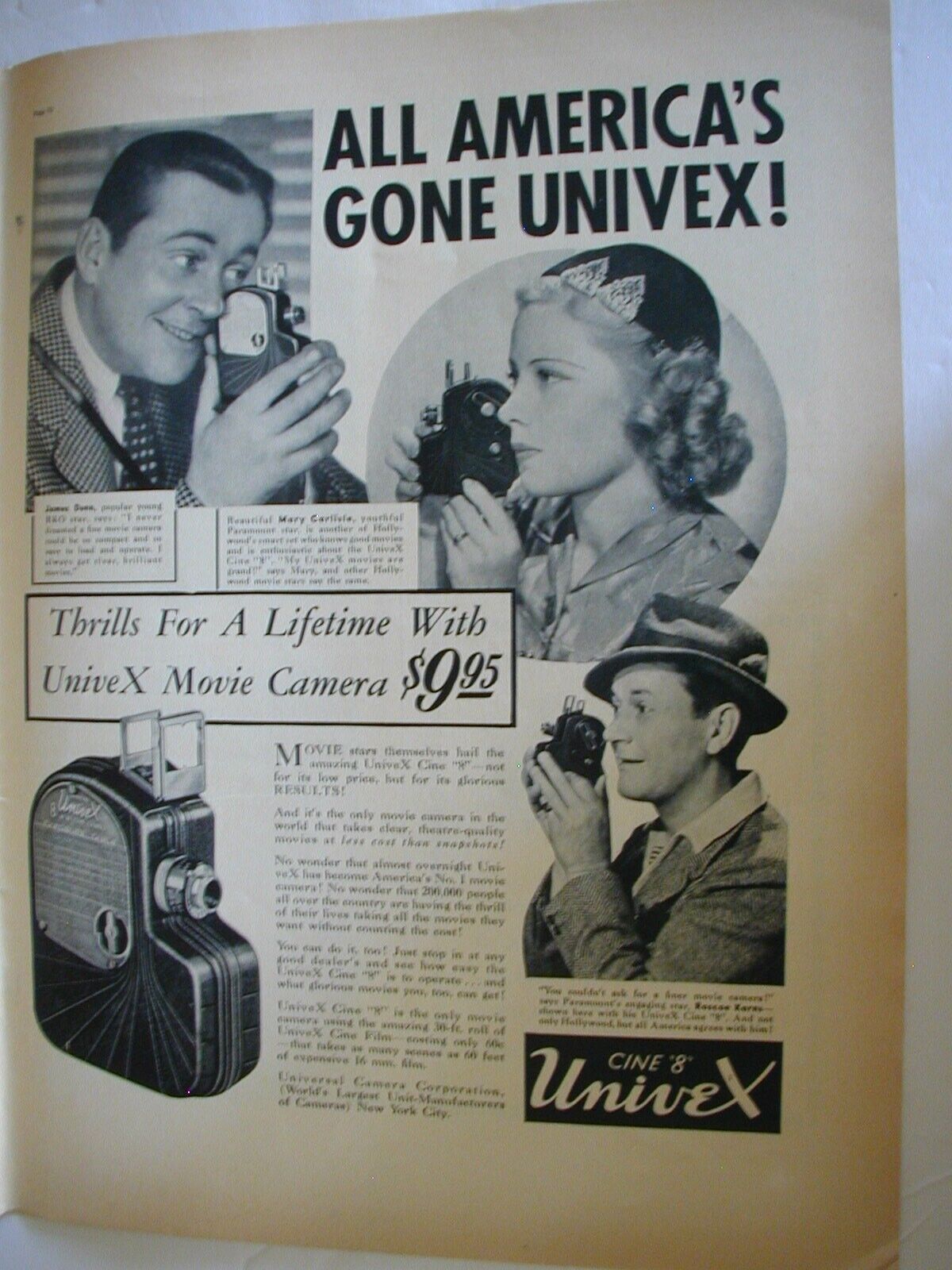 1937 UNIVEX CINE 8 MOVIE CAMERA $9.95 THRILLS FOR A LIFETIME VINTAGE PRINT 47