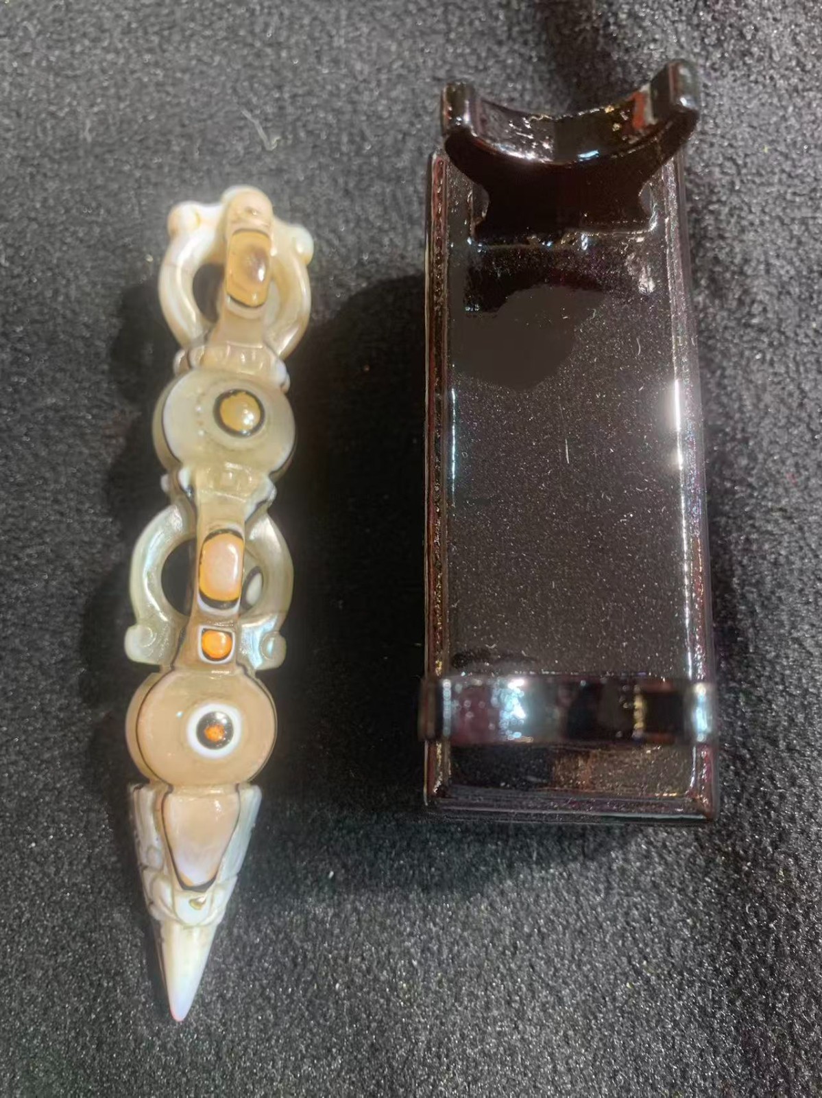 Excellent Rare Tibetan Natural Sky Eyeds Agate Dzi Hand Carved Dorje W/Wood Set