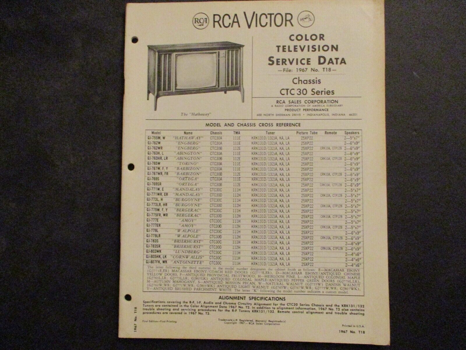 RCA Victor Color Television Service Data File 1967 No. T18 manual