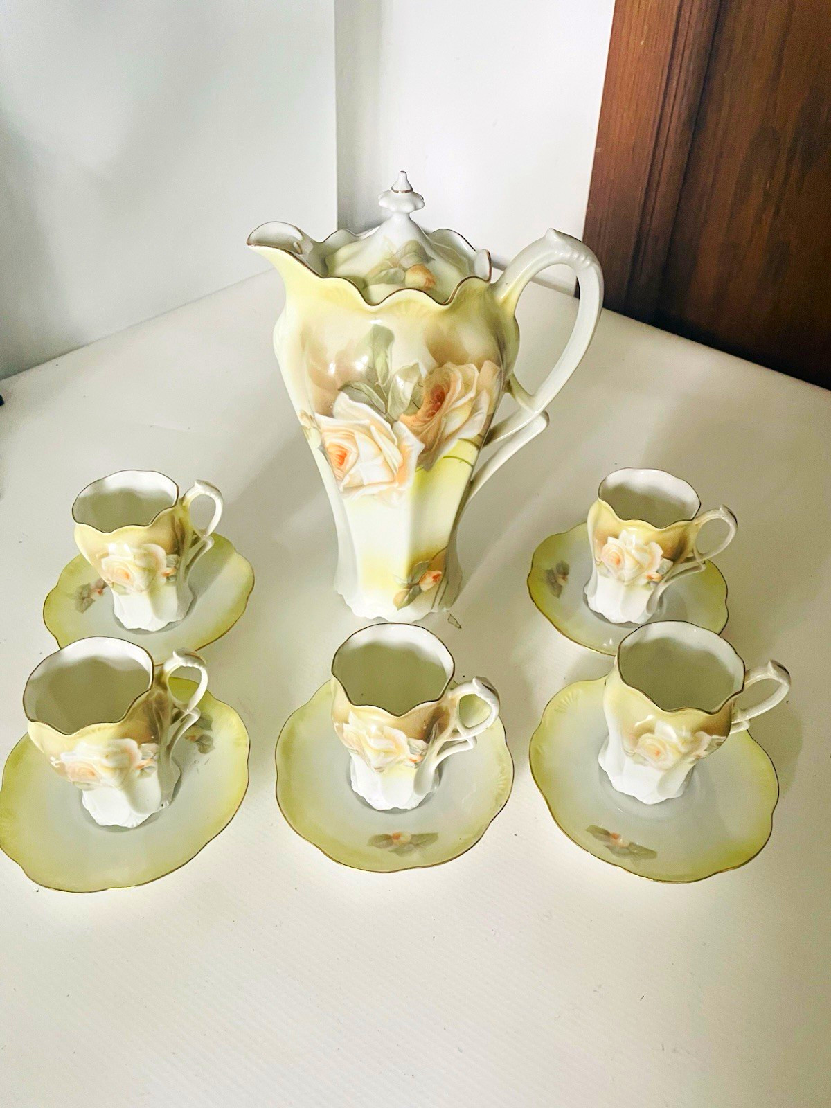 Beautiful Antique RS Germany Rose Porcelain Chocolate Set Pot 11 Piece Set Beautiful Antique RS Germany Rose Porcelain Chocolate Set Pot 11 Piece Set