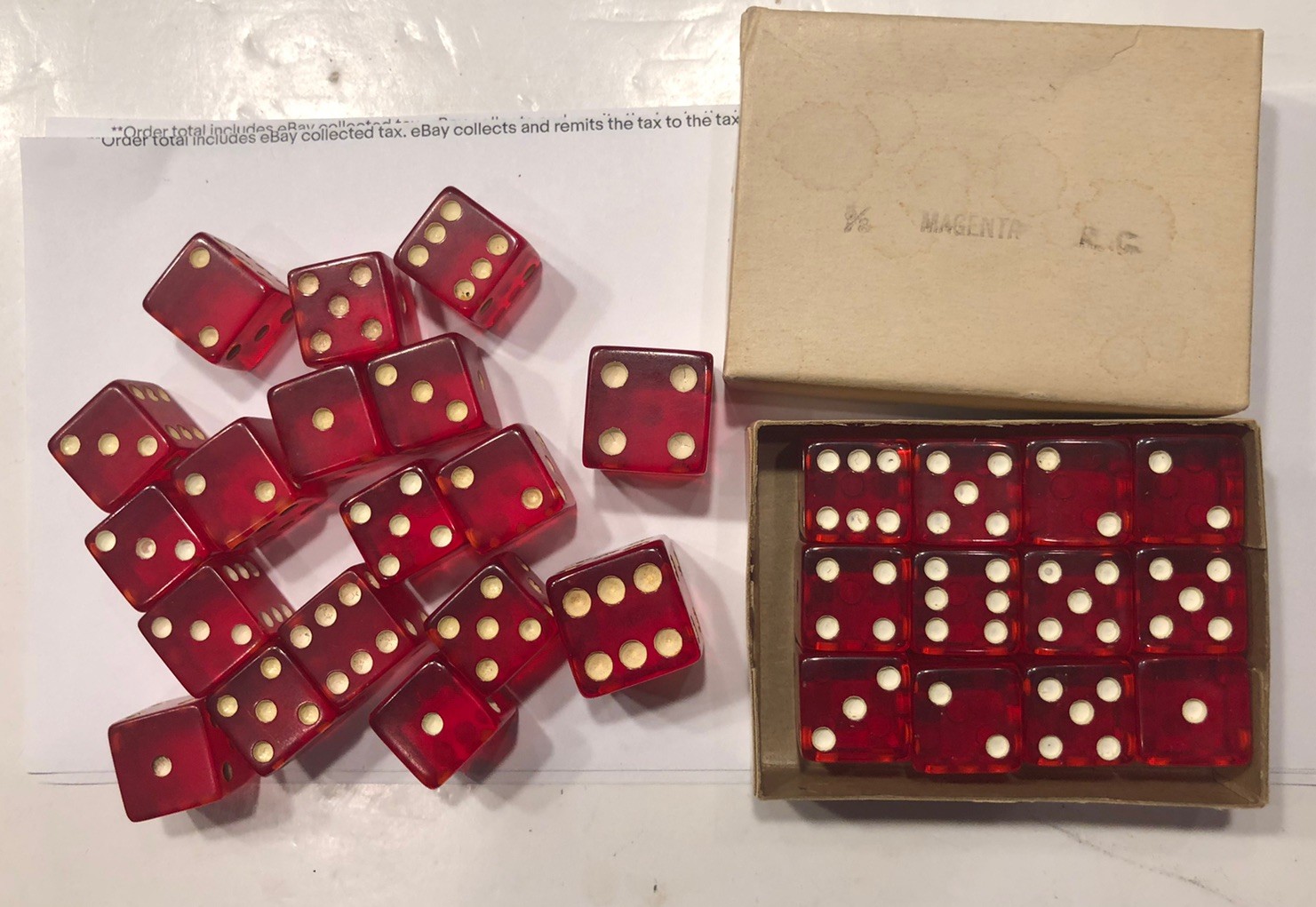 28 Vintage 5/8” Magenta Bakelite Dice Some In Orig. Box & 2 - 3/4” Dice 28 Vintage 5/8” Magenta Bakelite Dice Some In Orig. Box & 2 - 3/4” Dice
