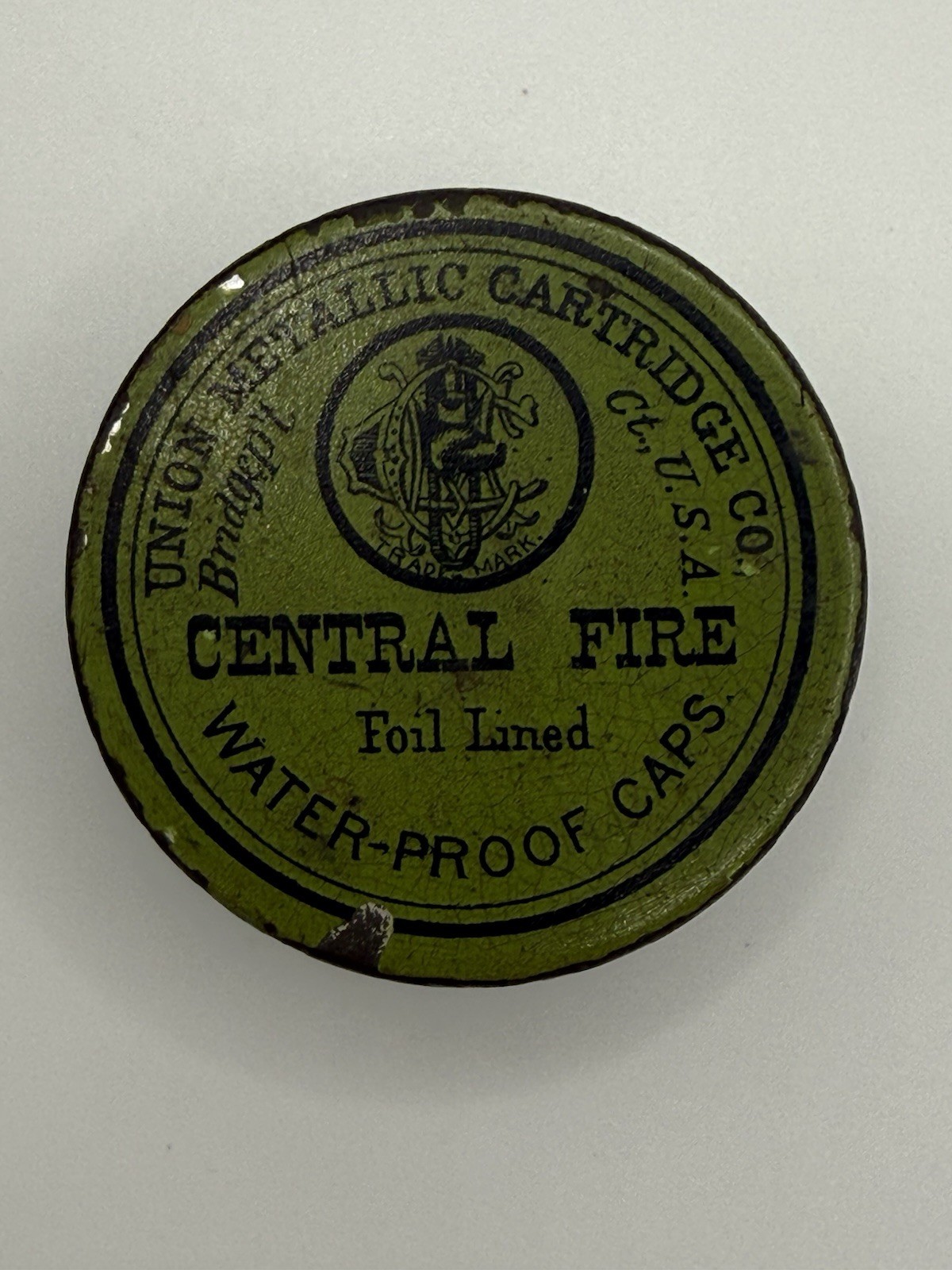 Antique 1887 Waterbury Brass Co Green Label Empty Advertising Tin 1.5” Antique 1887 Waterbury Brass Co Green Label Empty Advertising Tin 1.5”
