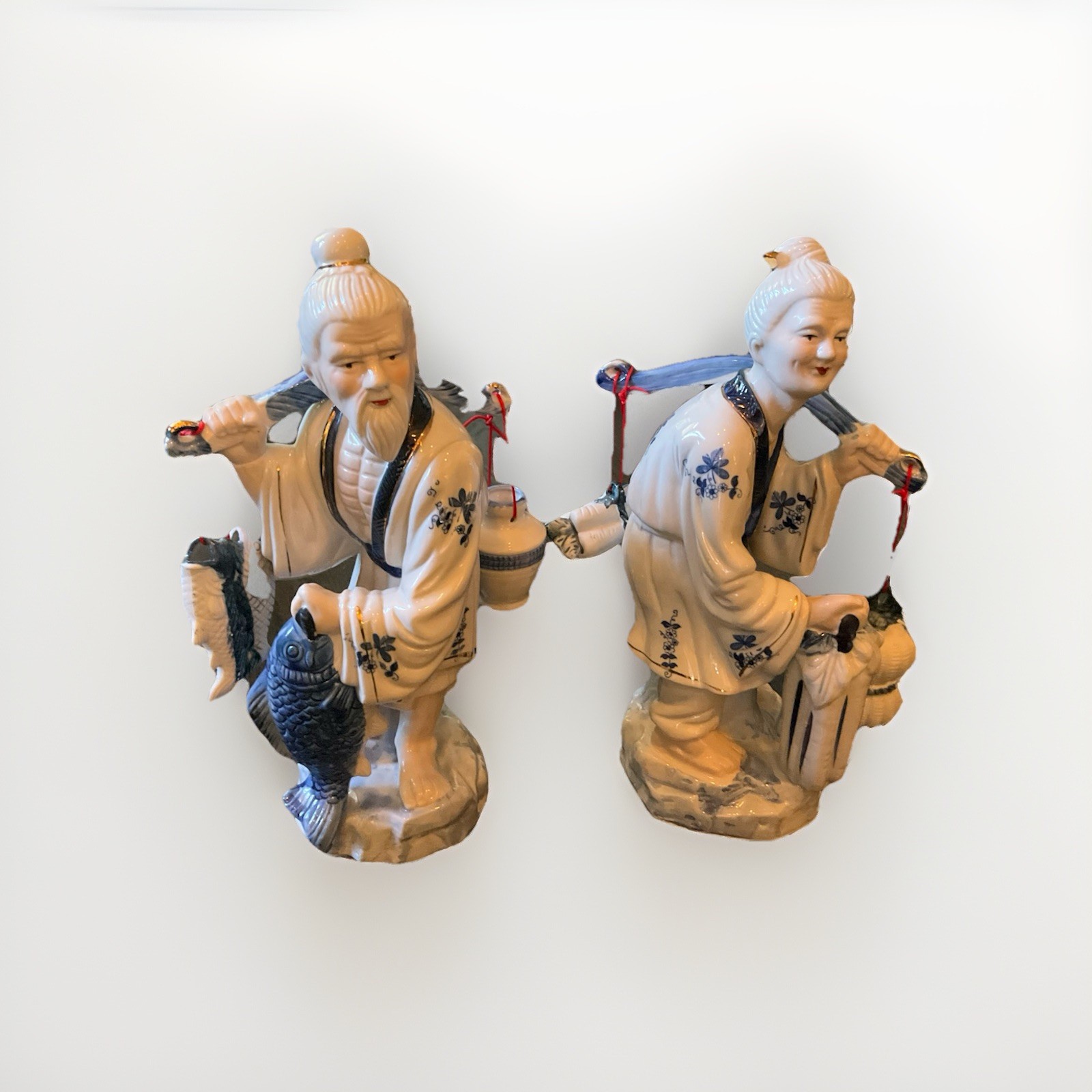 CHINESE PORCELAIN FISHERMAN COUPLE FIGURINES STATUES LOT 2 HAND PAINTED 15\