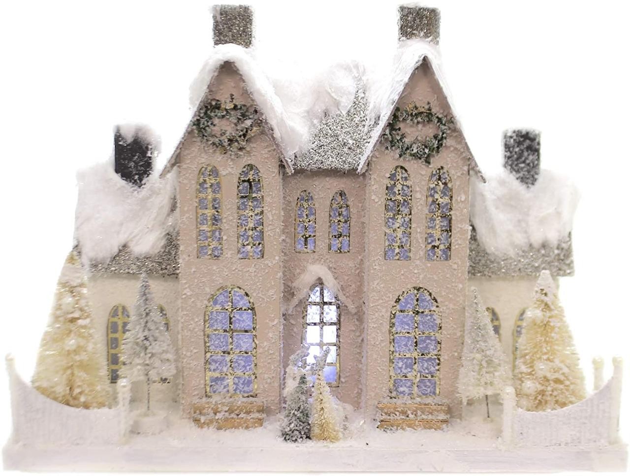 Cody Foster Christmas Village Elegant Ivory Pink Manor House w Deer Trees Wreath Cody Foster Christmas Village Elegant Ivory Pink Manor House w Deer Trees Wreath