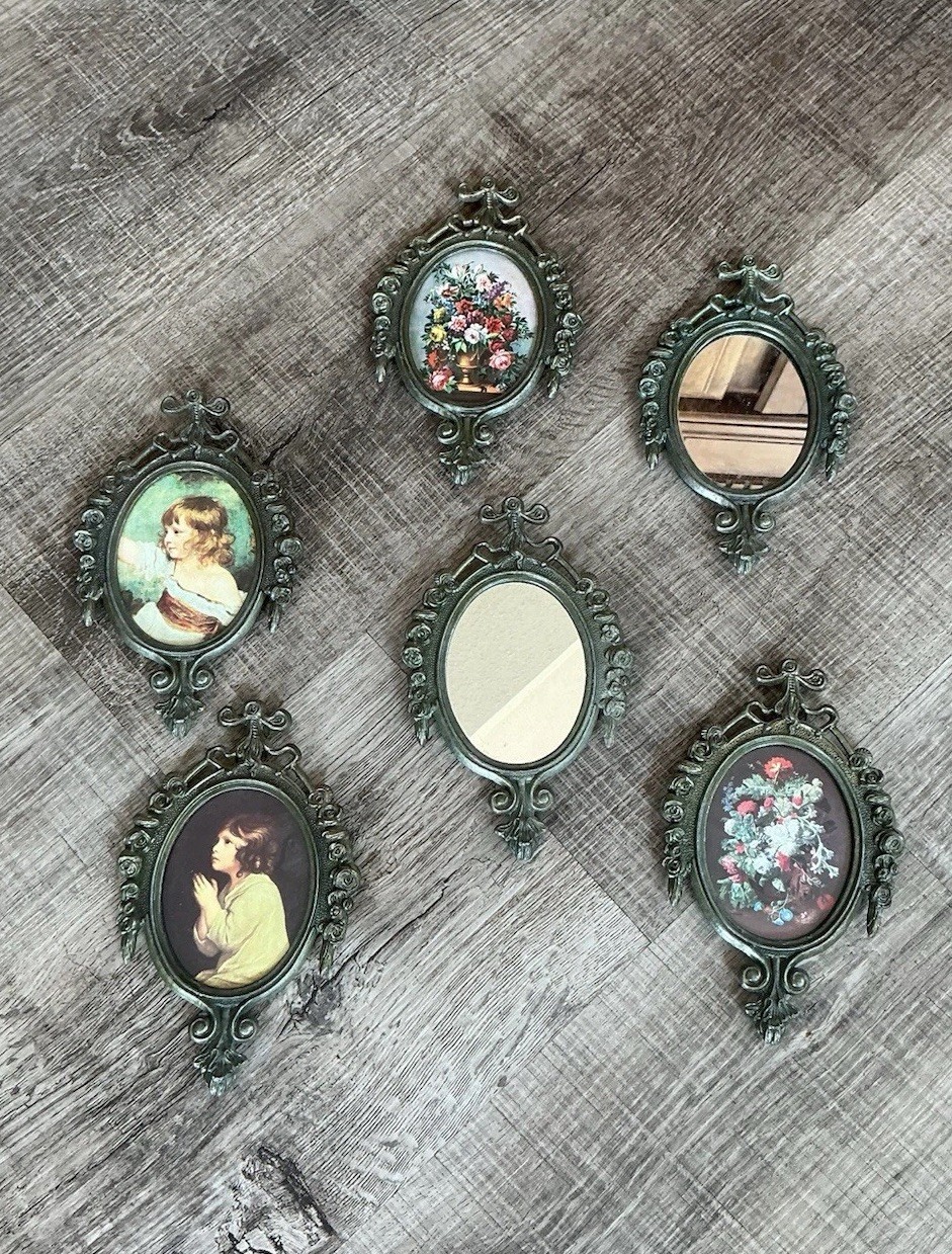 6 Italian Ornate Metal Framed Wall Set Vintage Mirrored Floral Print Design 6 Italian Ornate Metal Framed Wall Set Vintage Mirrored Floral Print Design