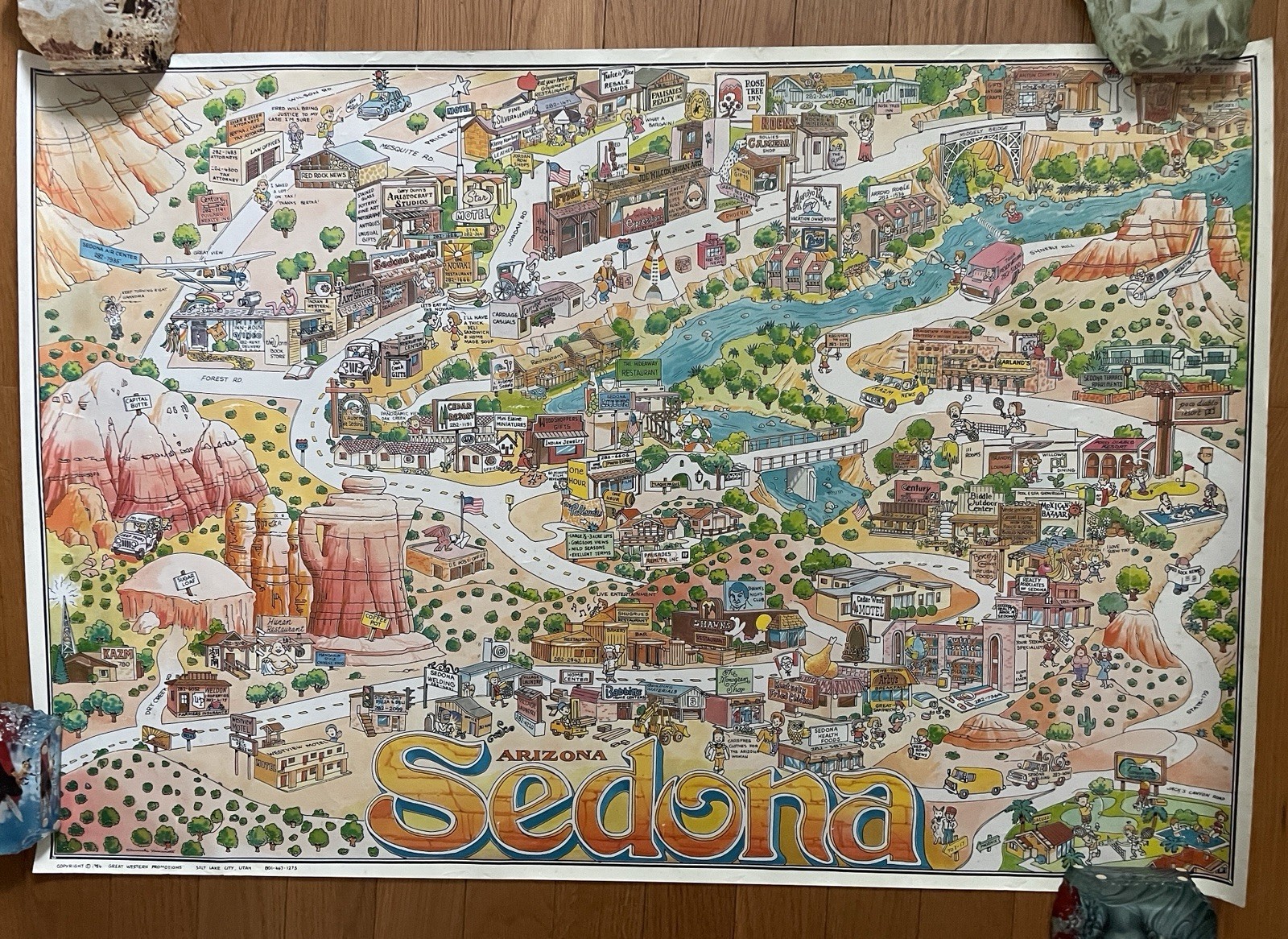 1984 Rare Original Sedona AZ Cartoon Pictorial Travel Map Poster by Yamamoto 1984 Rare Original Sedona AZ Cartoon Pictorial Travel Map Poster by Yamamoto