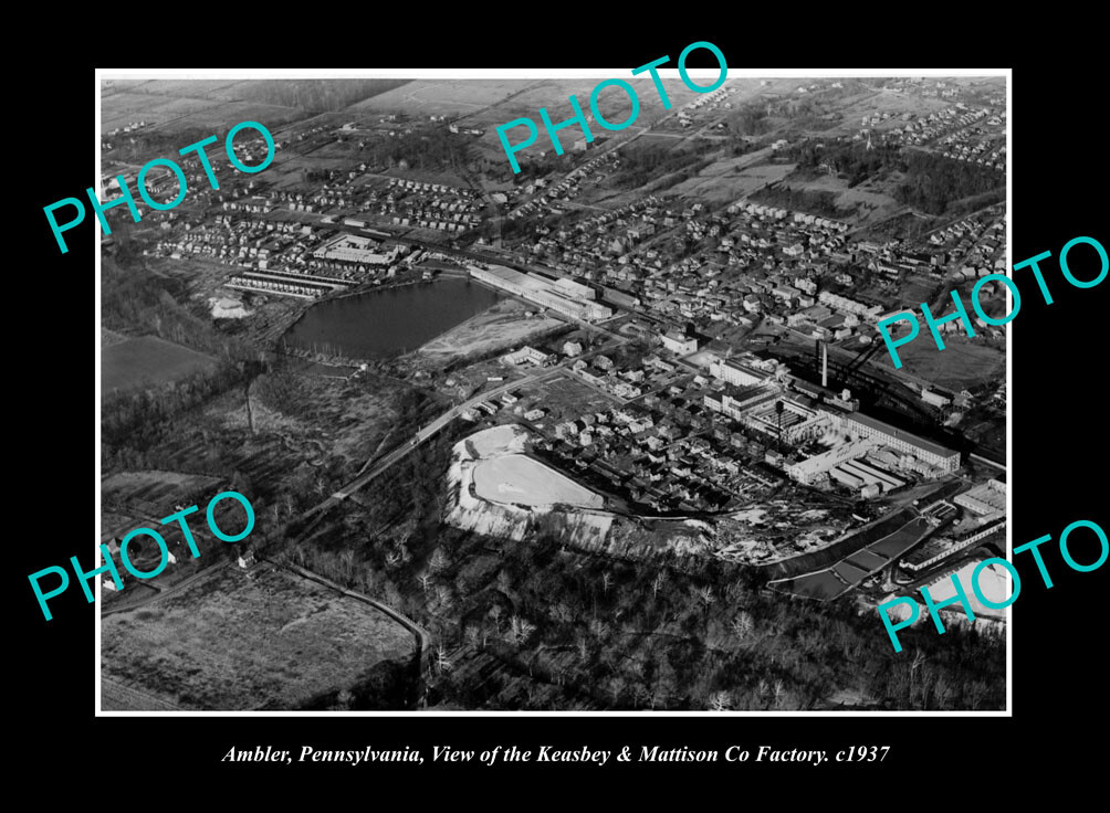 OLD LARGE HISTORIC PHOTO AMBLER PENNSYLVANIA, AERIAL VIEW OF TOWN & FACTORY 1937