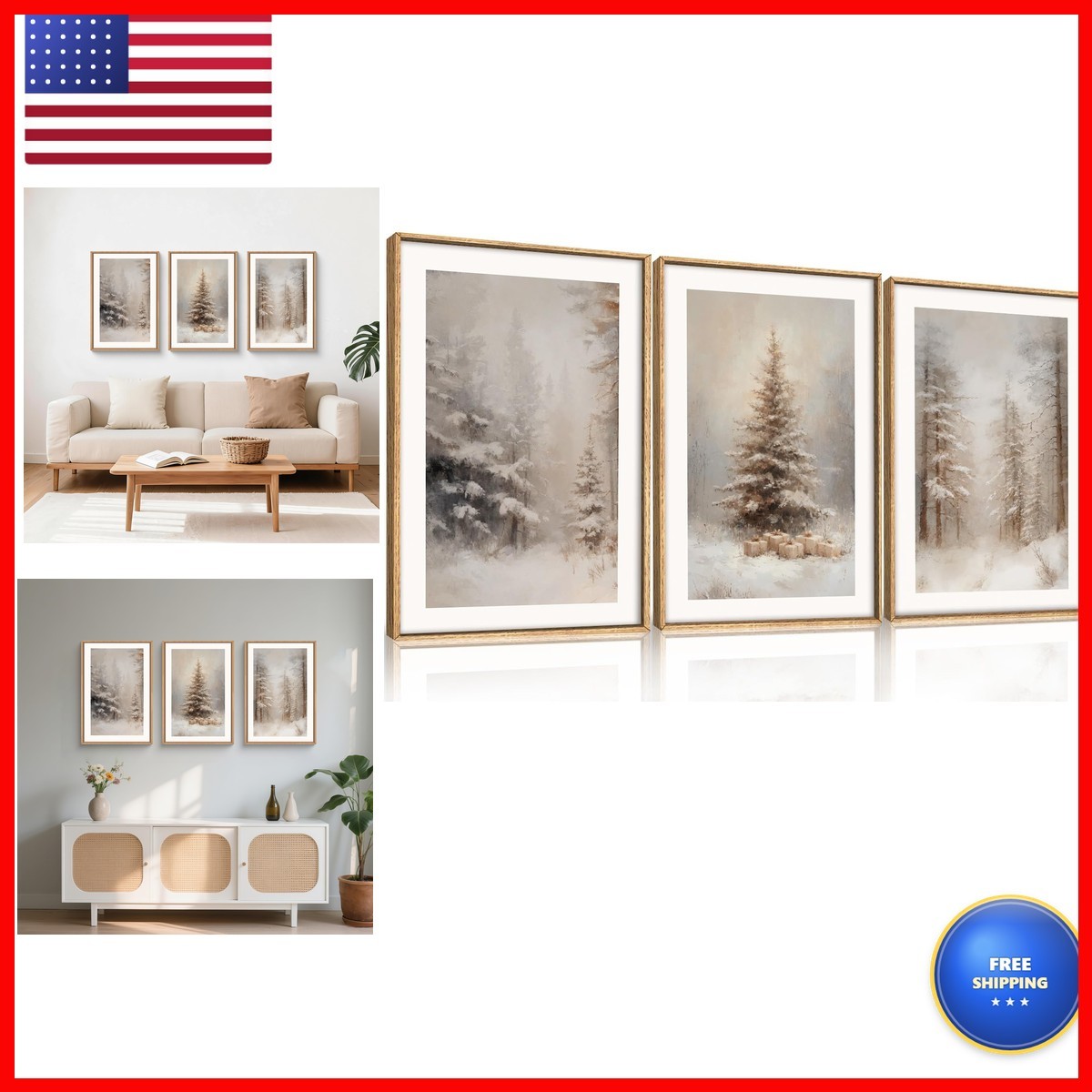 Vintage Christmas Tree Snowy Woodland Framed Canvas Wall Art Set-16\ Vintage Christmas Tree Snowy Woodland Framed Canvas Wall Art Set-16\