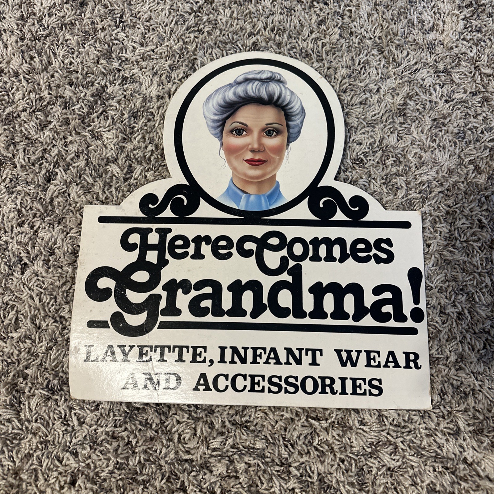 Vintage “Here Comes Grandma” Layette, Infant wear, Display Menu Sign Cardboard Vintage “Here Comes Grandma” Layette, Infant wear, Display Menu Sign Cardboard