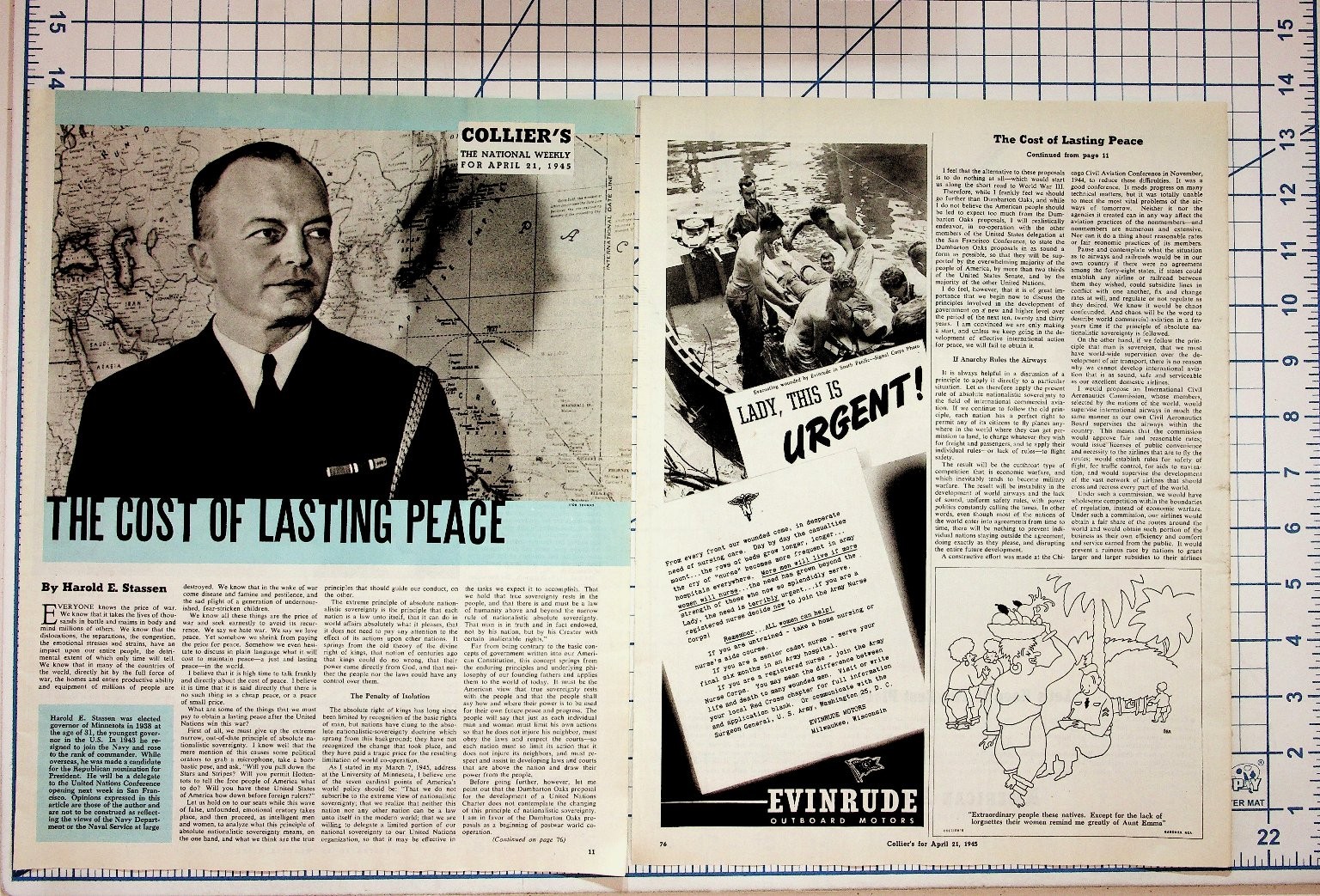 Collier's Magazine April 1945 WWII Era Evinrude Polident Harold Stassen