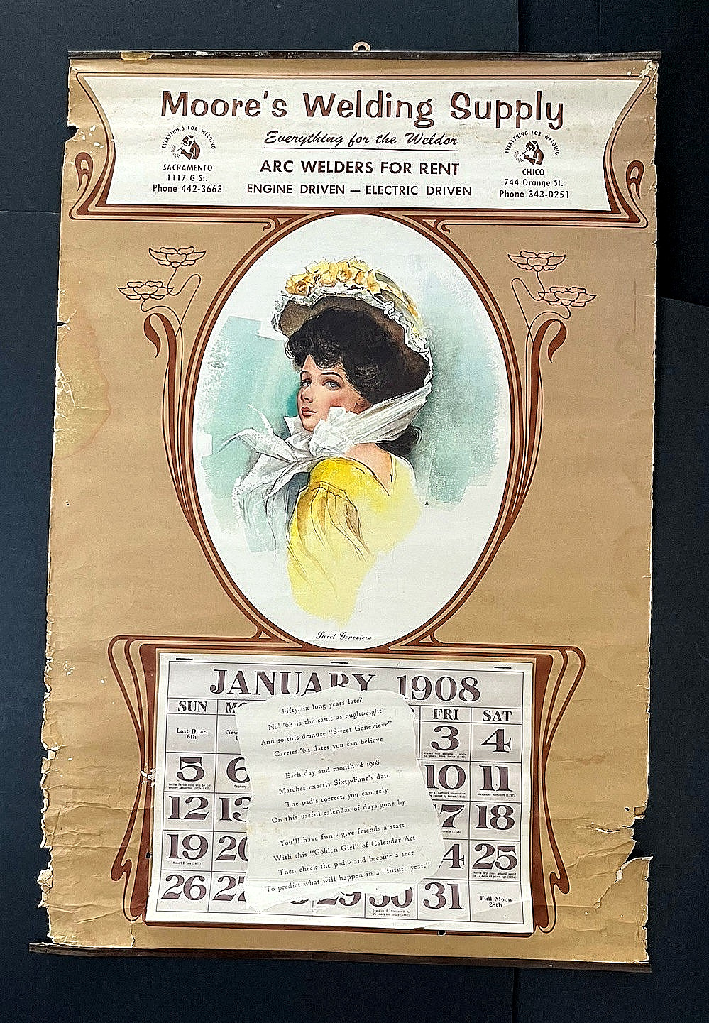 Antique 1908 MOORE\'S WELDING SUPPLY Sacramento California Advertising Calendar