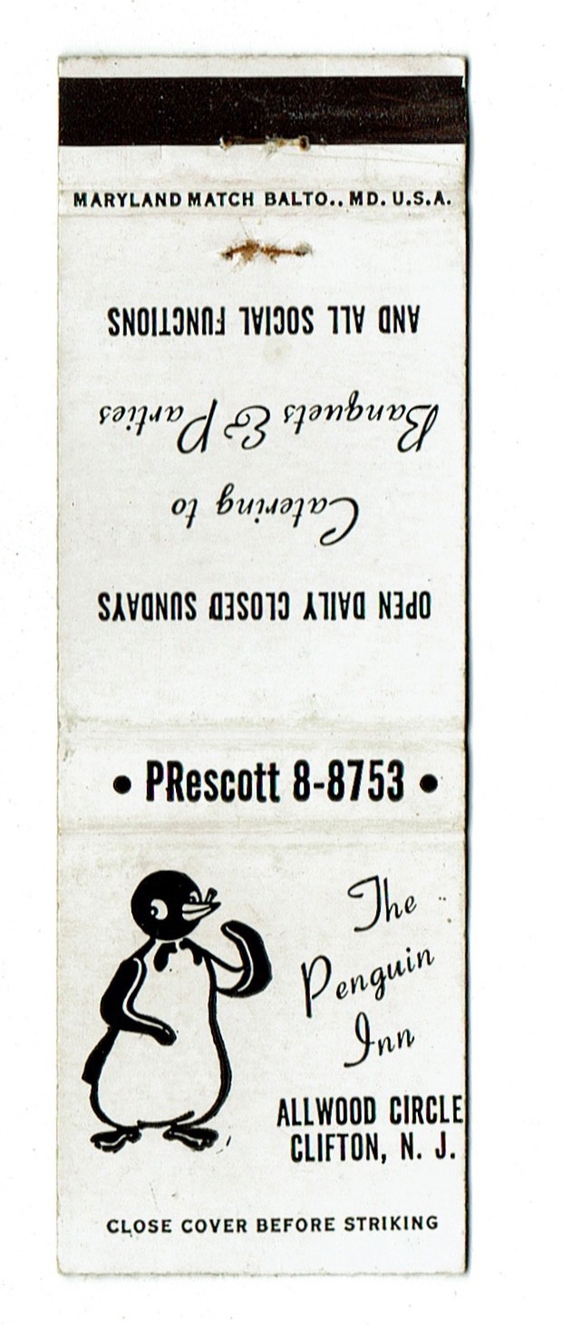 Clifton New Jersey The Penguin Inn Vintage Matchbook Cover Clifton New Jersey The Penguin Inn Vintage Matchbook Cover