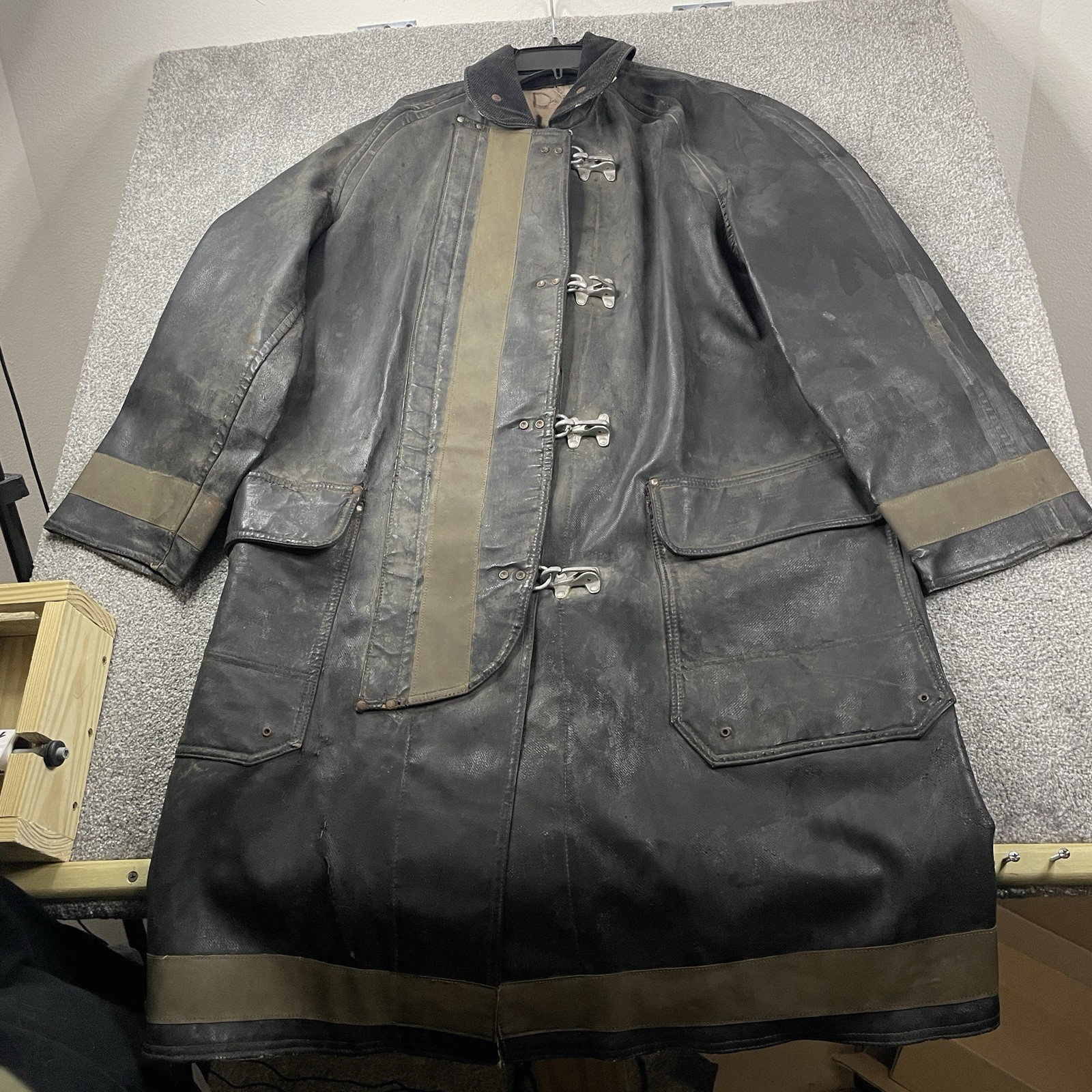 Vintage 60s Firefighters Coat Janesville Apparel WI Rubberized Black Actual Use Vintage 60s Firefighters Coat Janesville Apparel WI Rubberized Black Actual Use