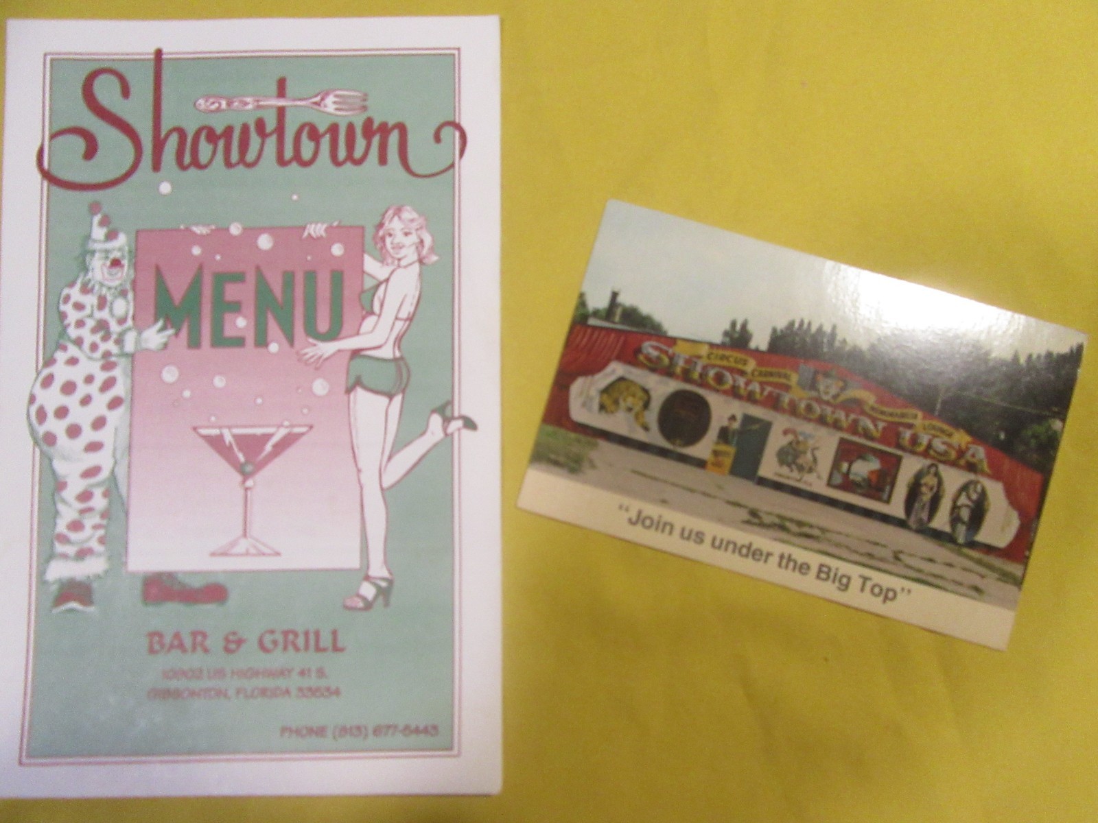 Vintage Showtown Grill Menu + Carnival‑Theme Postcard - Gibsonton Memorabilia