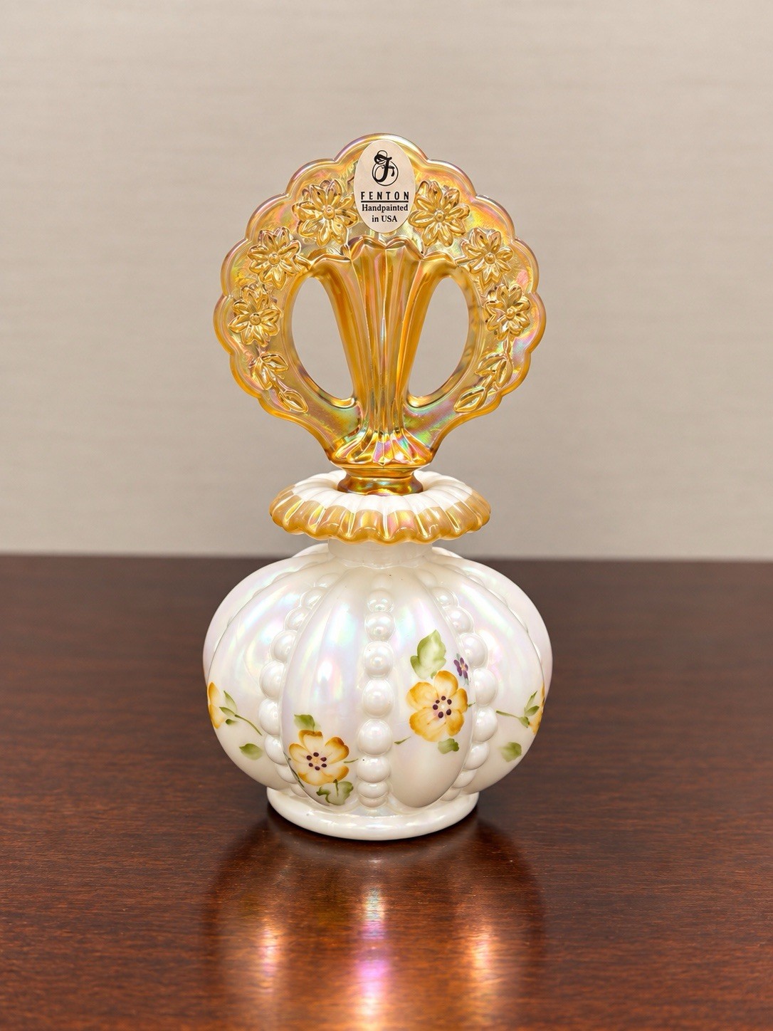 Fenton Marigold Crest Beaded Melon Perfume Bottle Hand Painted M Olmsted Fenton Marigold Crest Beaded Melon Perfume Bottle Hand Painted M Olmsted