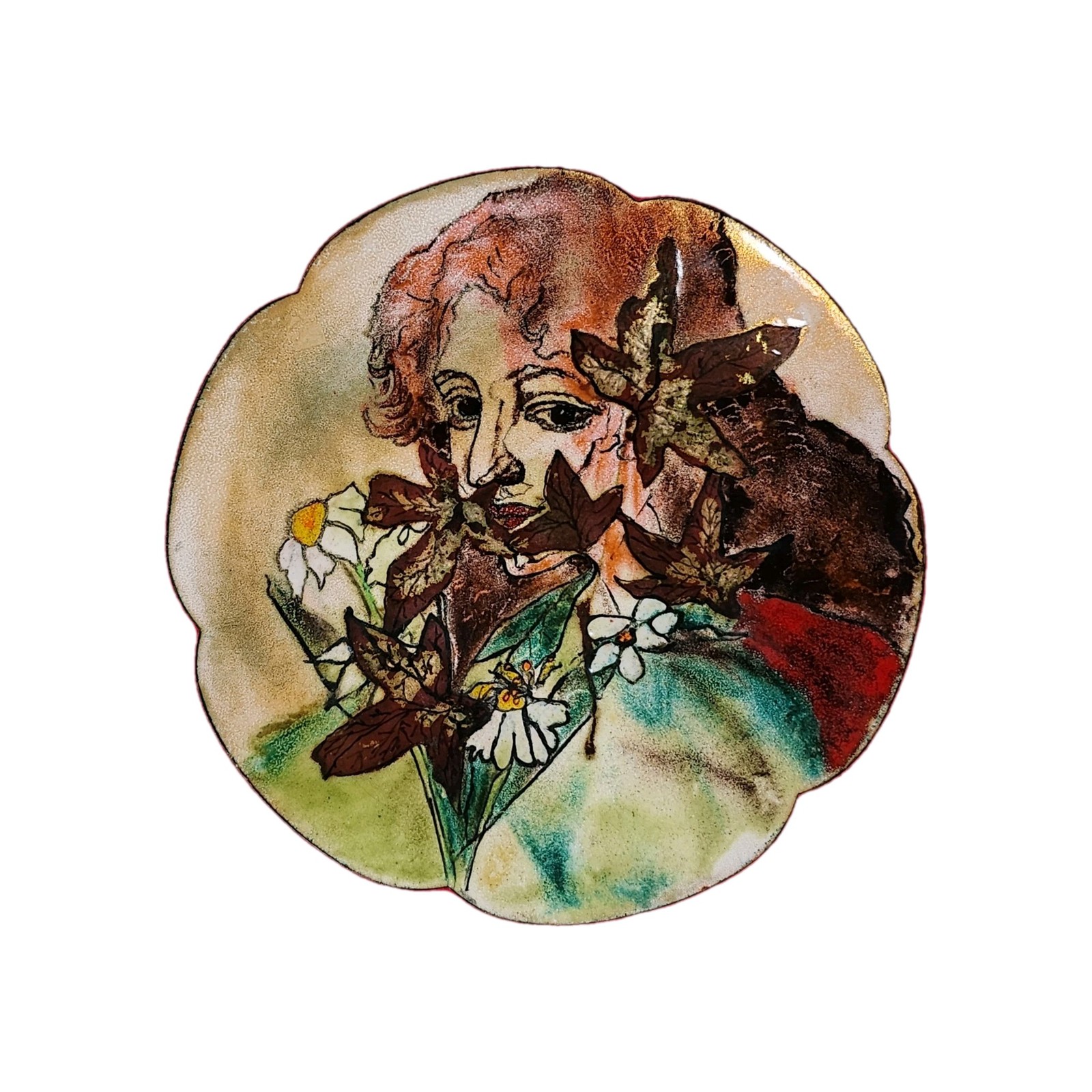 Vintage Hand Painted Art Nouveau Style Lady & Flower Enamel on Copper Plate MCM Vintage Hand Painted Art Nouveau Style Lady & Flower Enamel on Copper Plate MCM