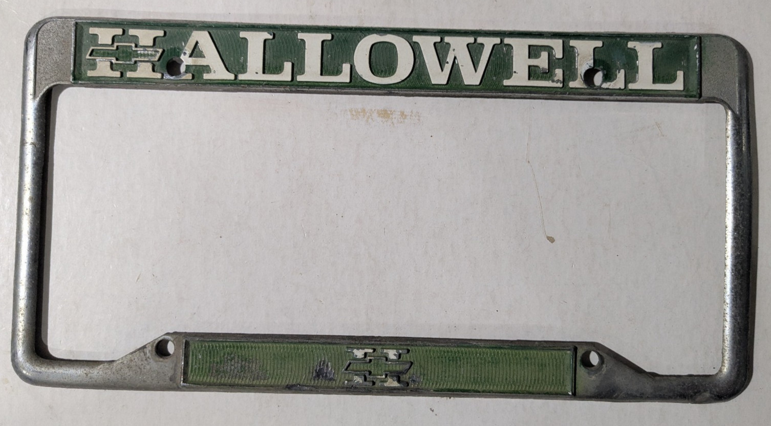 VTG Metal Hallowell Chevrolet Embossed Dealership License Plate Frame Gas & Oil VTG Metal Hallowell Chevrolet Embossed Dealership License Plate Frame Gas & Oil
