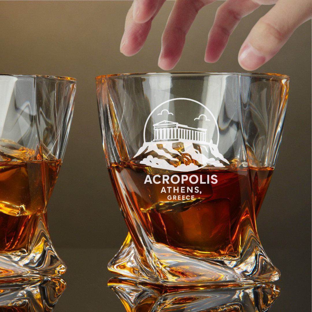 Custom Engraved Acropolis Athens Greece Whiskey Glass 10 oz Twisted Rocks Glass Custom Engraved Acropolis Athens Greece Whiskey Glass 10 oz Twisted Rocks Glass