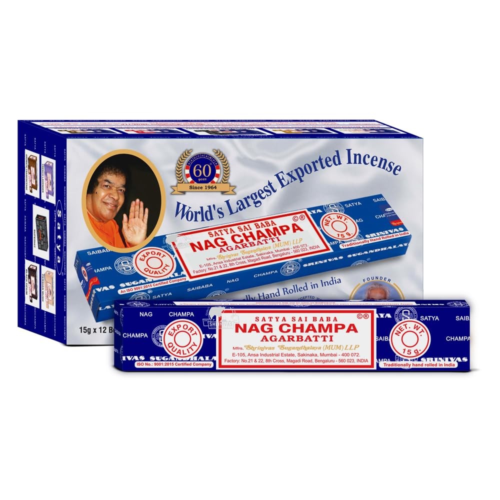 Satya Sai Baba Nag Champa Agarbatti Pack of 12 Incense 15g*12=180g, Brown Satya Sai Baba Nag Champa Agarbatti Pack of 12 Incense 15g*12=180g, Brown