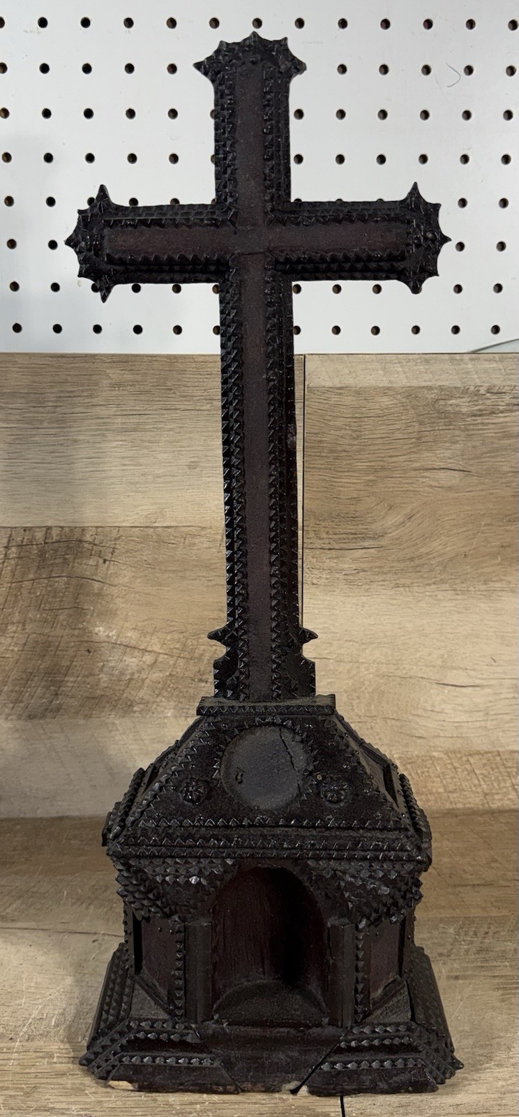 Antique Tramp Art Crucifix Black Forest Carved Wood German 17 3/8” H