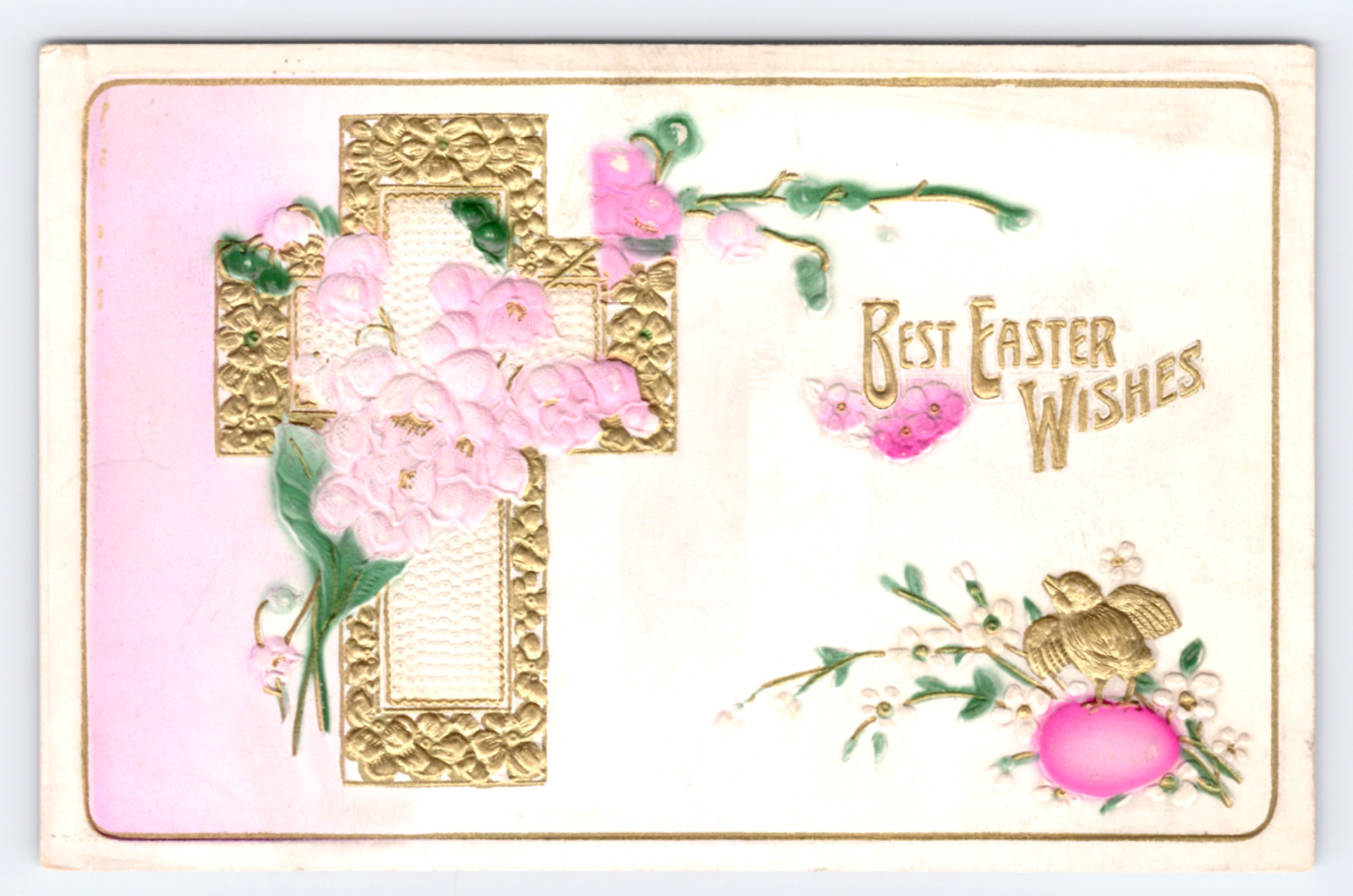 c1910 Best Easter Wishes Floral Cross Chick Embossed Gold Gilded Postcard