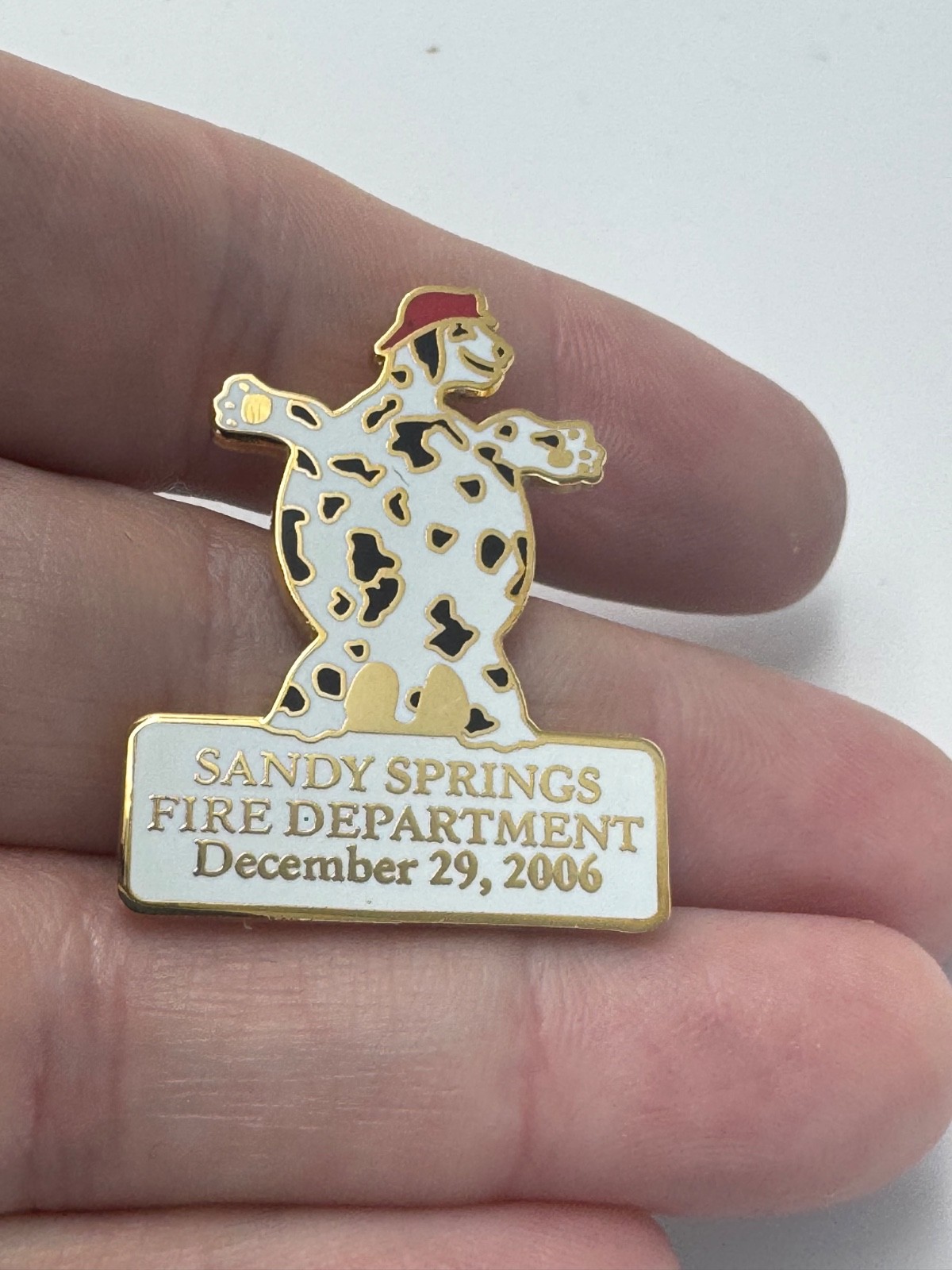 2006 Sandy Springs Fire Department Dalmatian Mascot Lapel Pin Gold White 2006 Sandy Springs Fire Department Dalmatian Mascot Lapel Pin Gold White