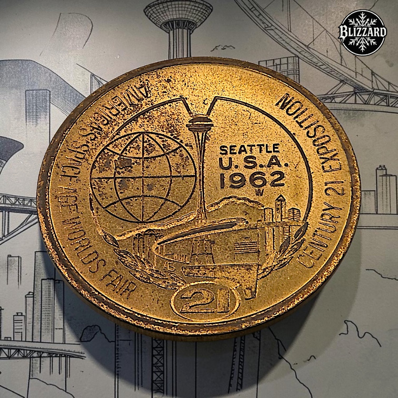 1962 Seattle World's Fair Century 21 $1 Trade Token Brass Space Needle