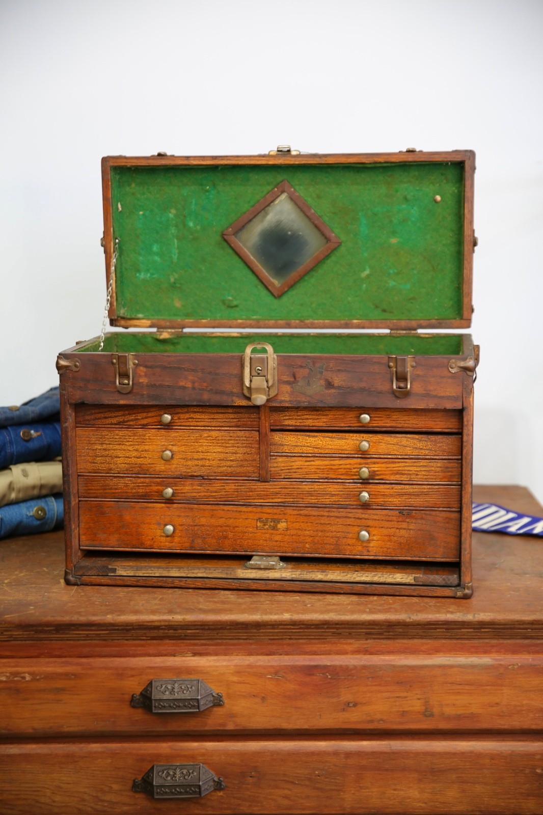 Antique Machinist Tool Box chest Wood Jewelry box 7 Drawer Vintage oak case Antique Machinist Tool Box chest Wood Jewelry box 7 Drawer Vintage oak case