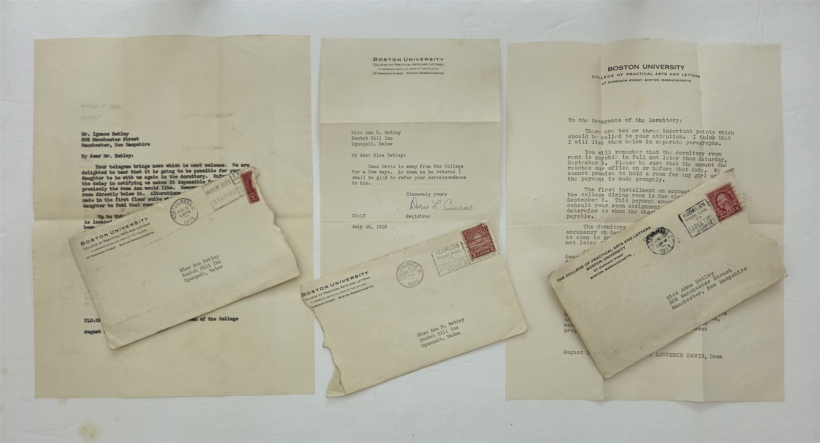 1927-9 vintage BOSTON UNIVERSITY boston ma DORMITORY COLLEGE LETTERS anna betley