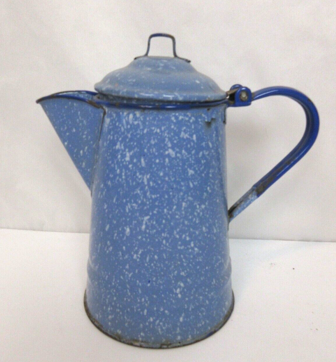Vintage Blue Speckled Graniteware Cowboy Coffee Pot W/ Attached Lid