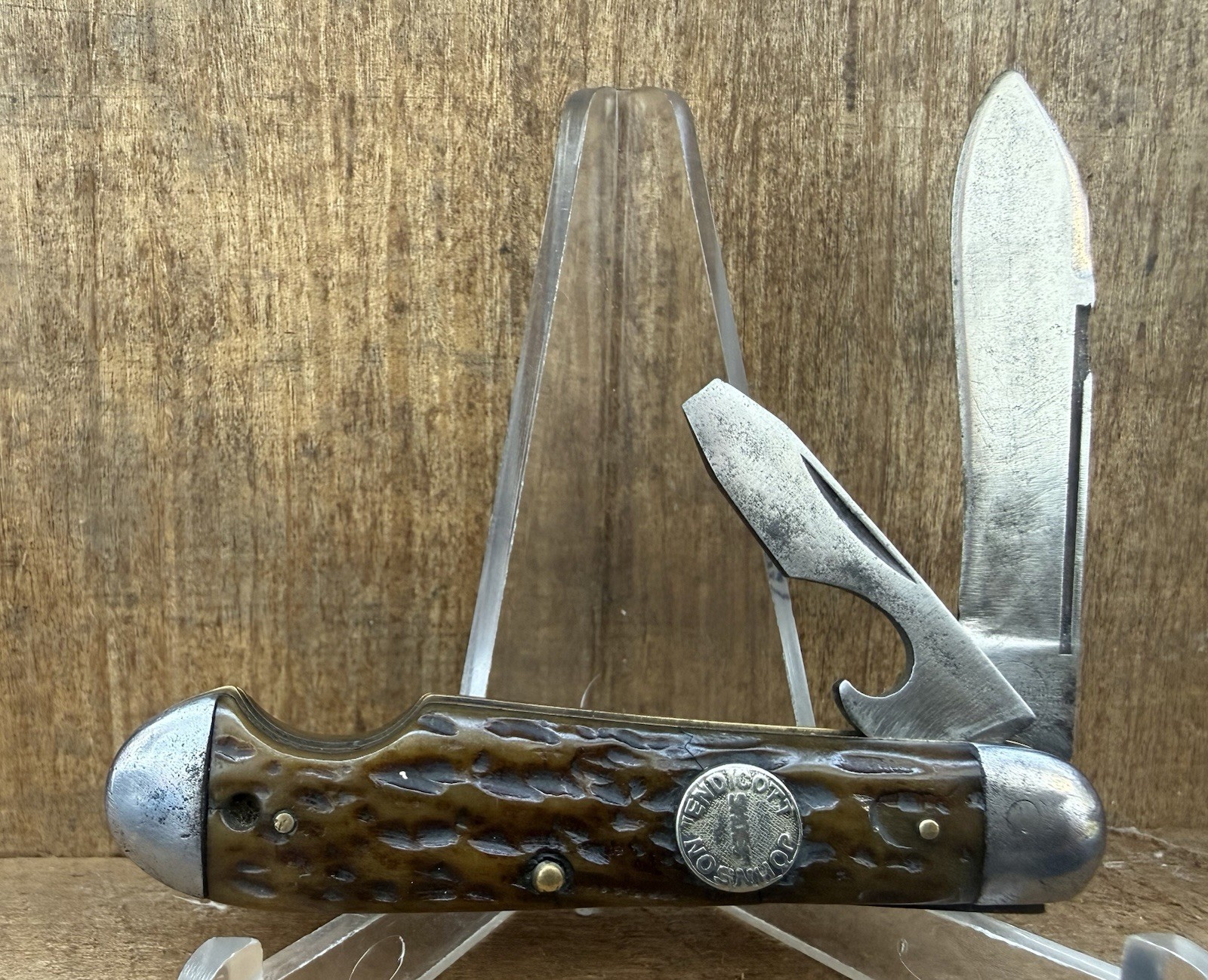 ANTIQUE REMINGTON UMC 3 3/8” ENDICOTT JOHNSON SHOES Advertising Knife Bone