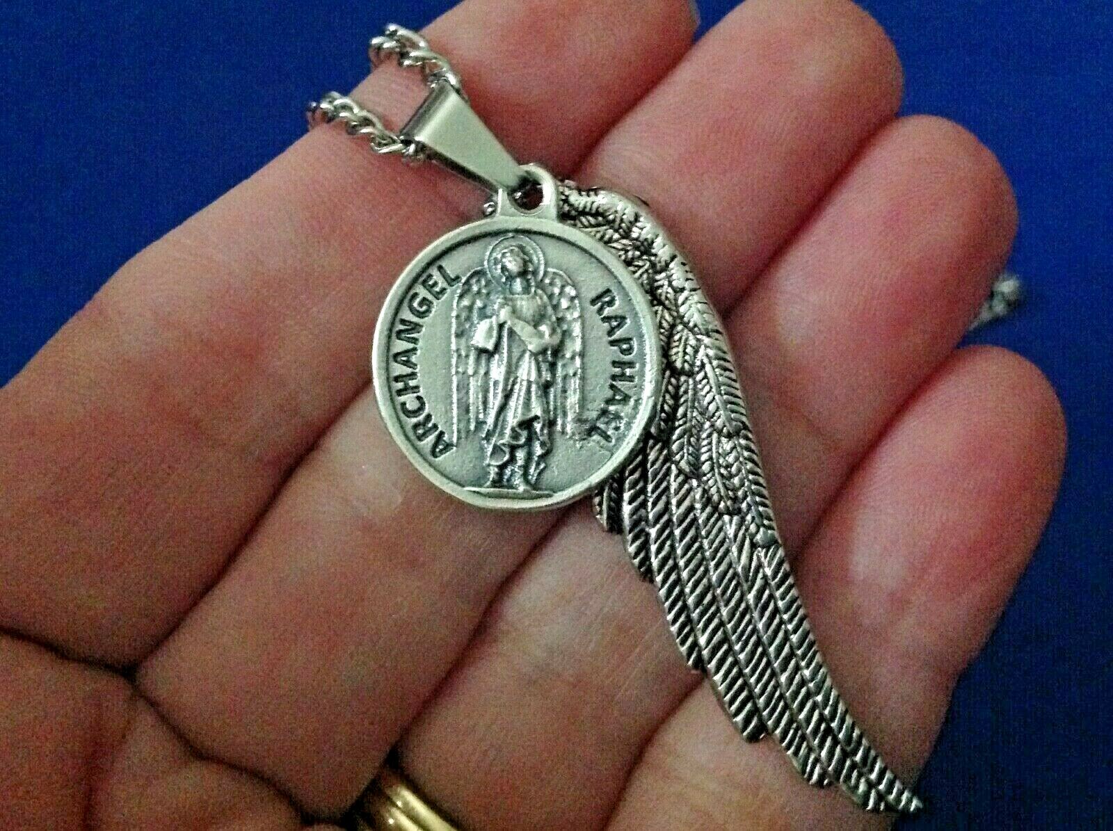 ARCHANGEL St RAPHAEL Saint Medal NECKLACE Pendant Angel Wing PRAYER G3 27
