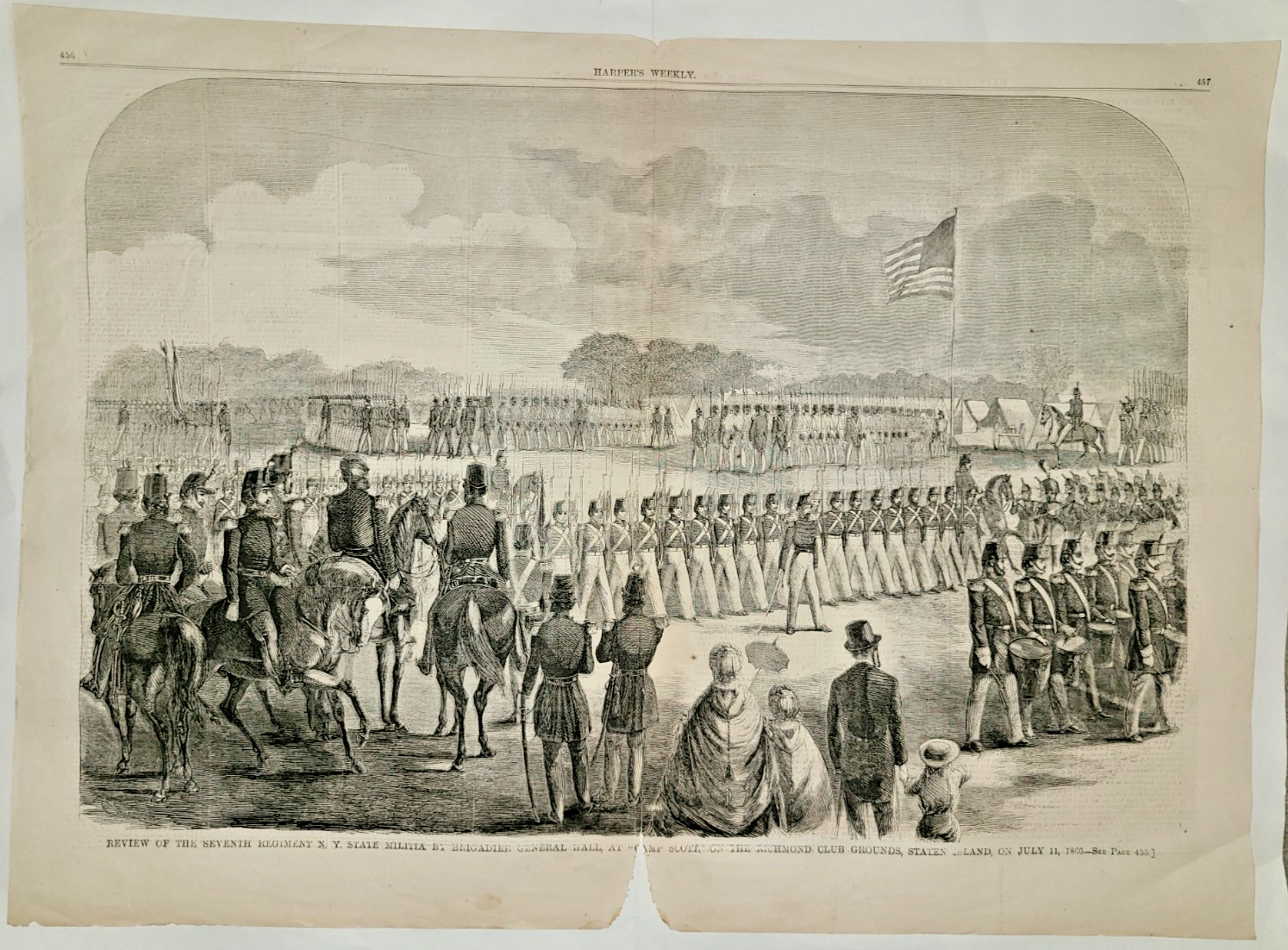 Antique engraving, Seventh Regiment NY Militia at Camp Scott, Harper\'s Wkly 1860 Antique engraving, Seventh Regiment NY Militia at Camp Scott, Harper\'s Wkly 1860