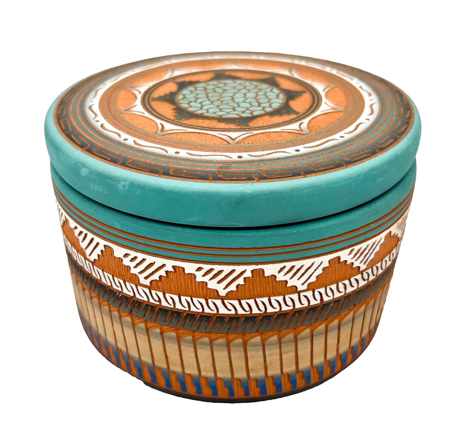 Navajo Terra Cotta Turquoise Box by Hilda Whitegoat