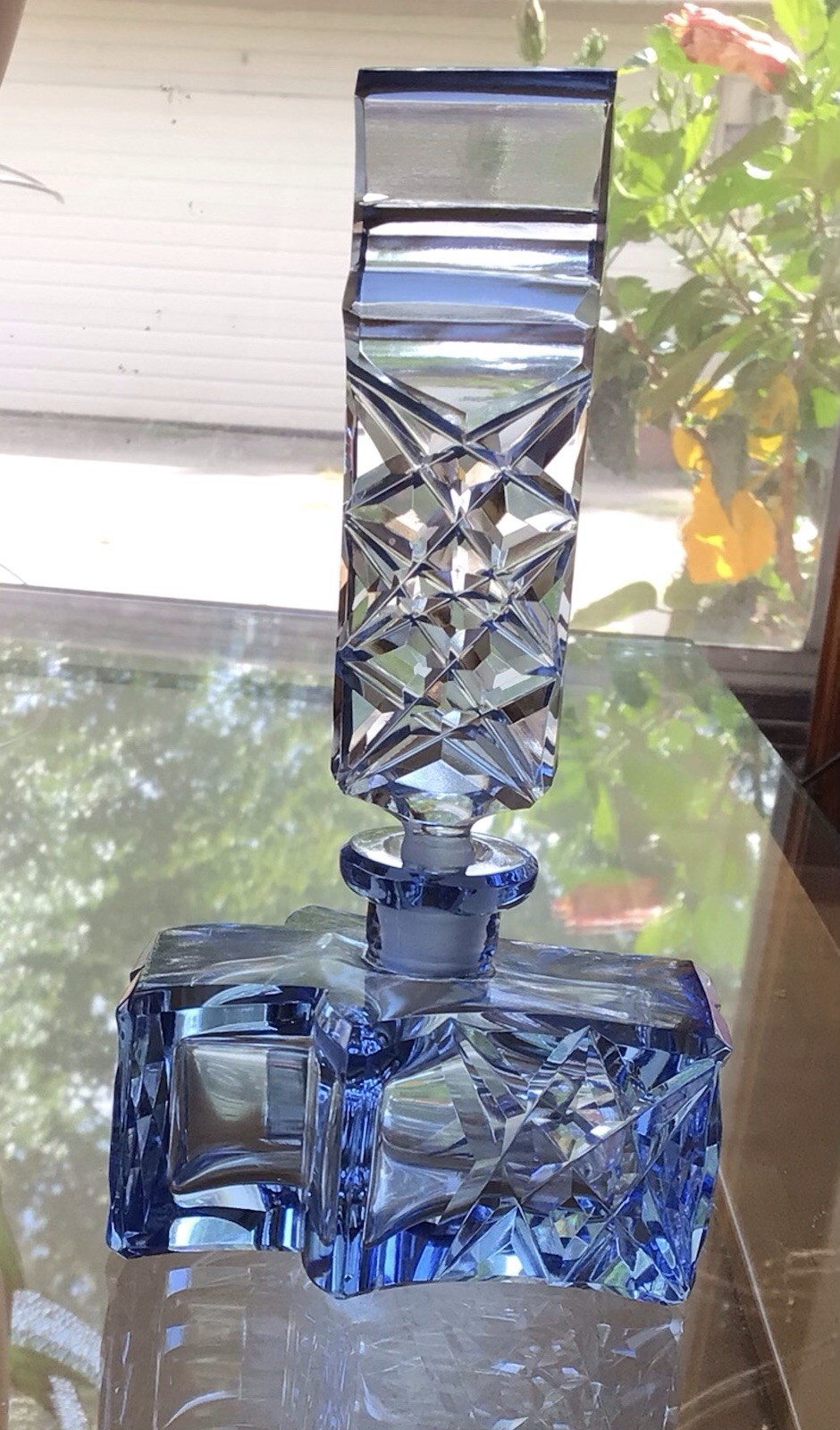 Vintage Blue Czech Bohemiam Cut Glass Perfume Bottle. 6” Tall. Vintage Blue Czech Bohemiam Cut Glass Perfume Bottle. 6” Tall.