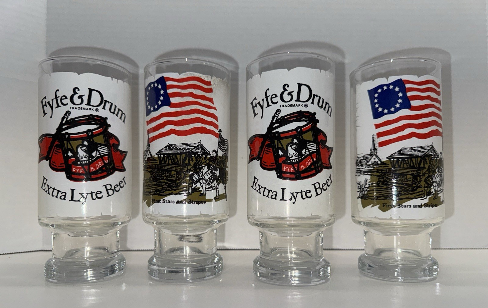 4 Vintage NOS Beer Pilsner Glasses American Flag Fyfe & Drum