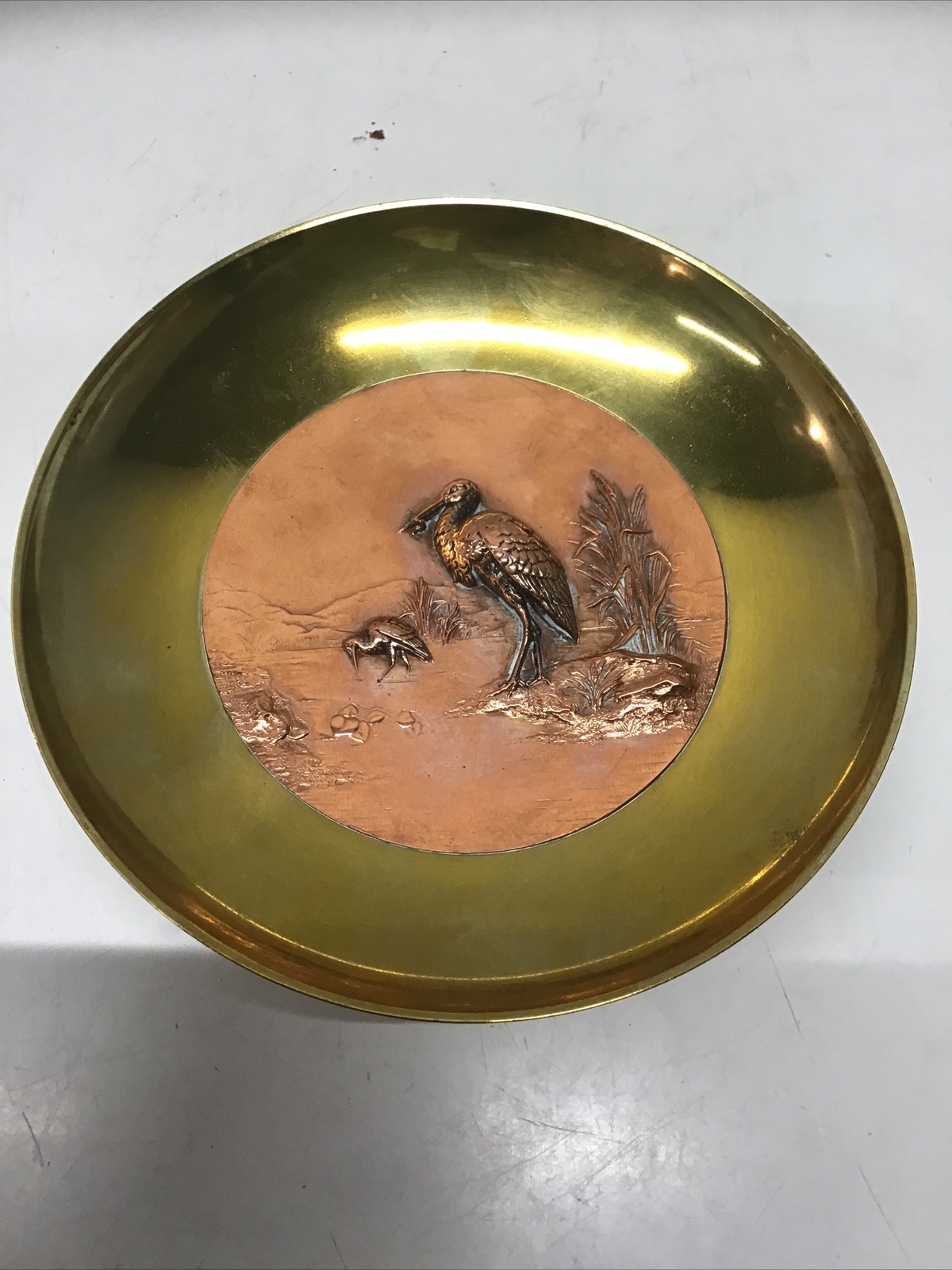 Vintage Possibly Antique Brass & Copper Tazza Compote w/ Birds & Foliage Dec.