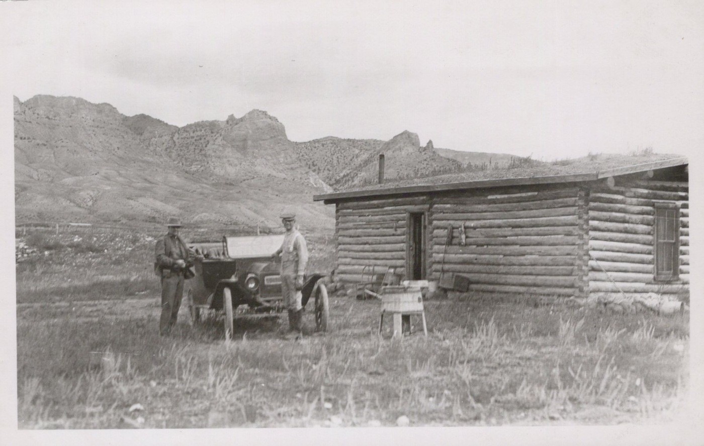 Homestead Log Cabin Sod Roof Ford Model T Wyoming 1910s - RPPC Photo Postcard